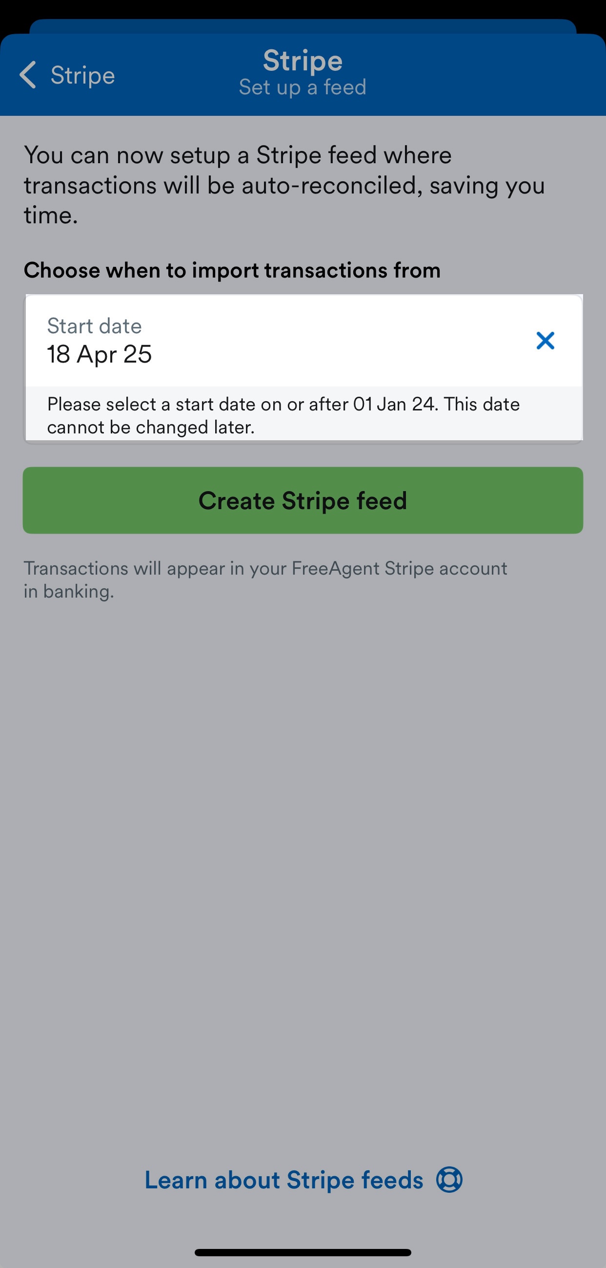 Stripe feed set up screen with start date field highlighted