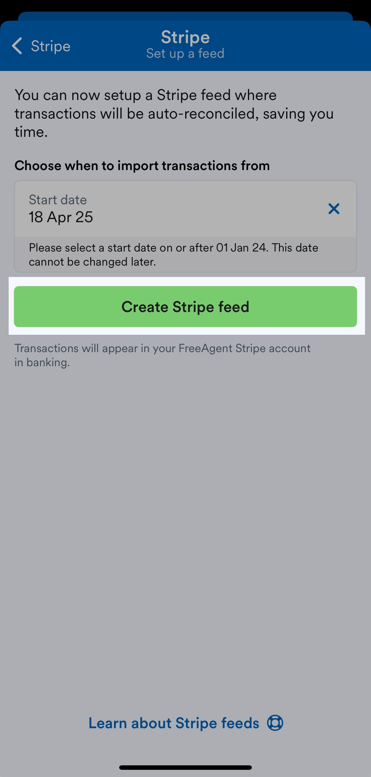 Create Stripe feed button highlighted on Stripe set up screen