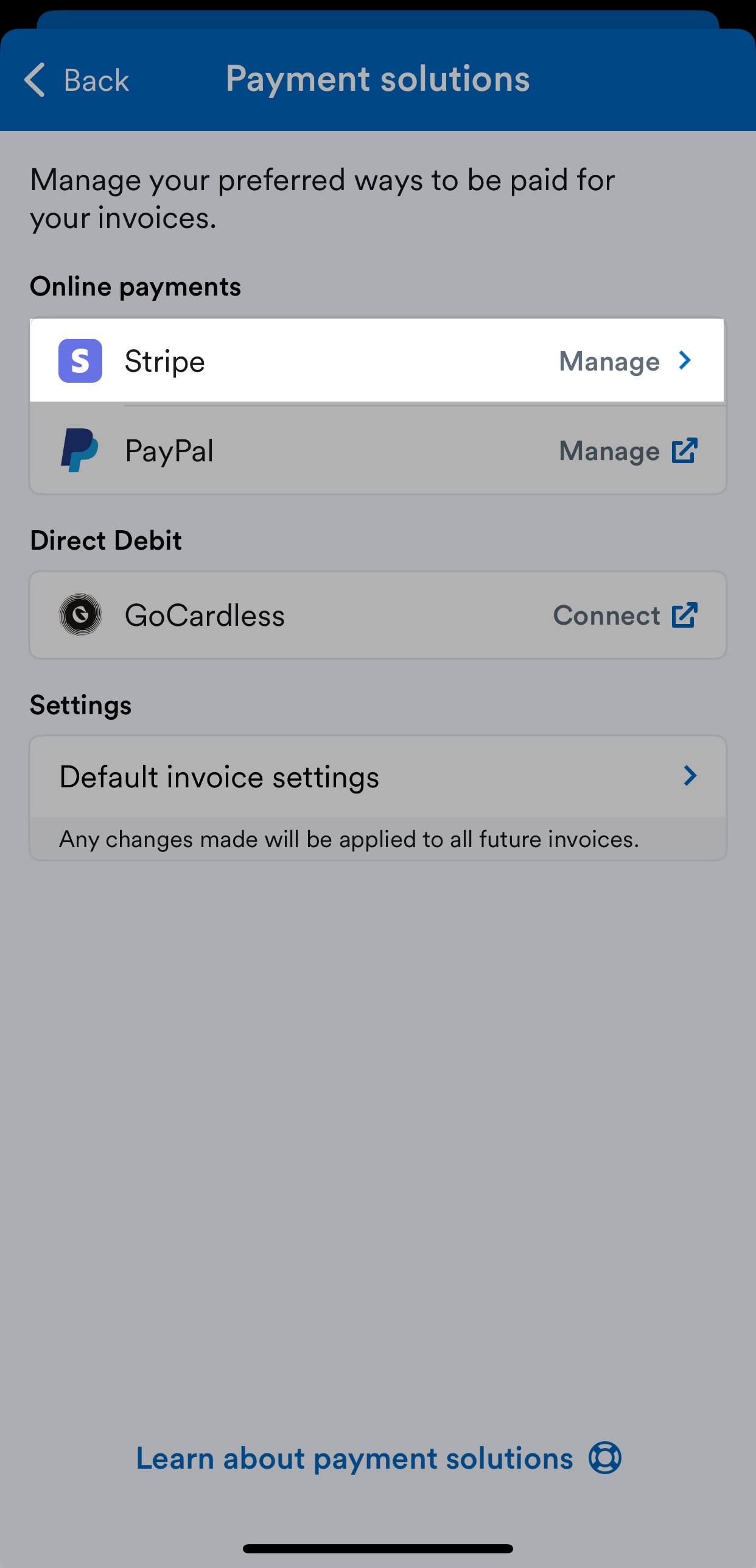 Payment solutions screen with Stripe highlighted