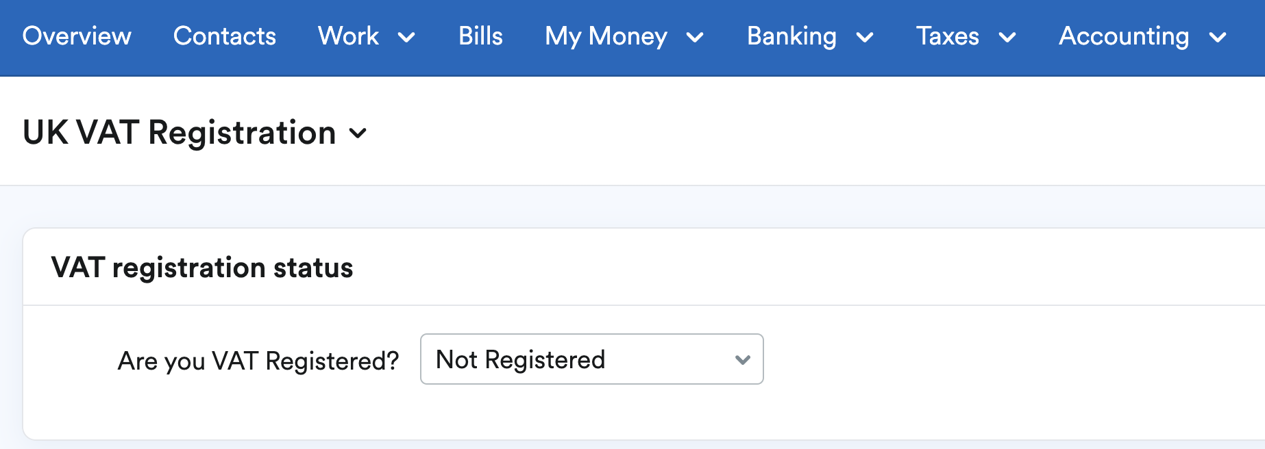 Not Registered selected as the VAT registration status