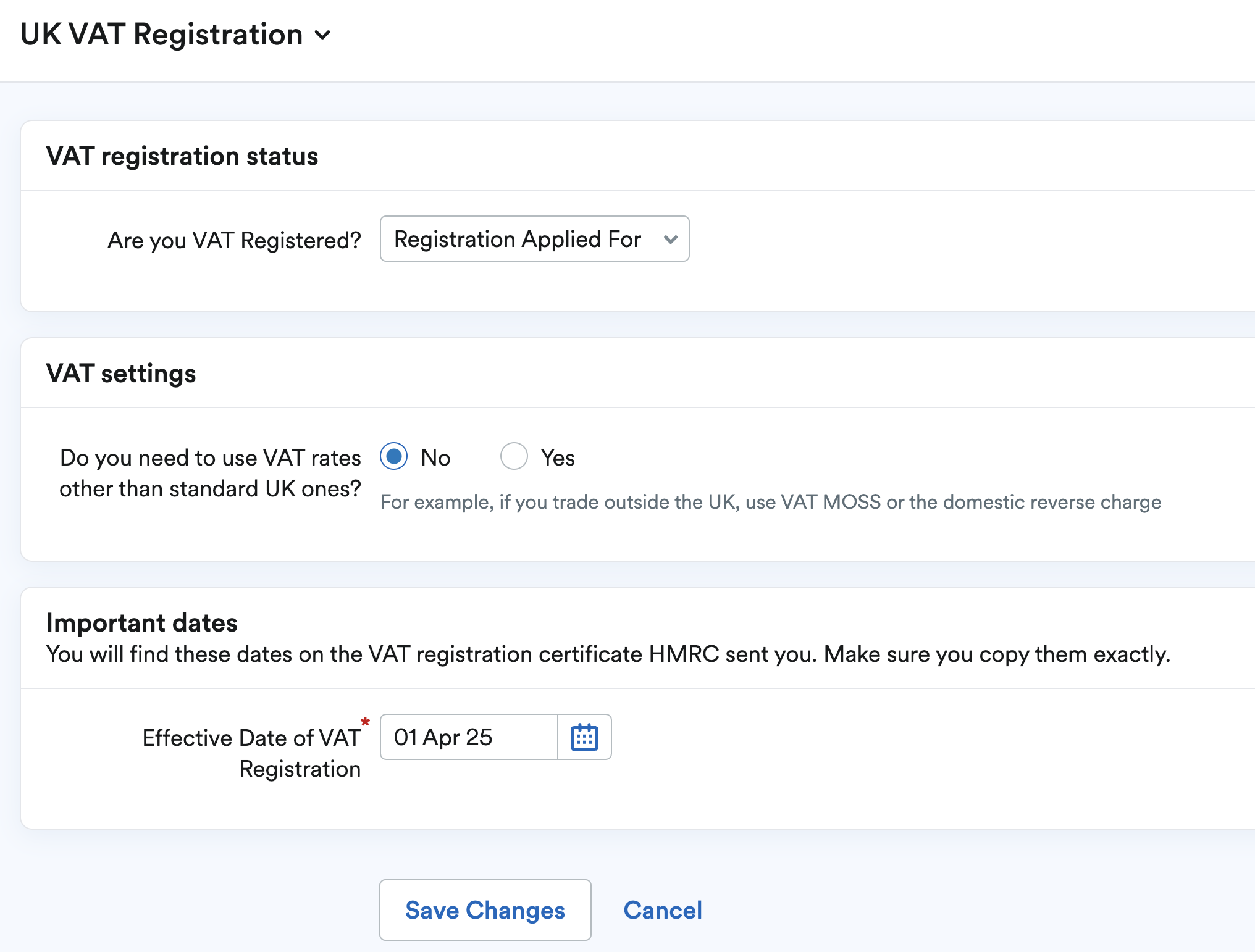 Registration applied for set as the VAT registration status