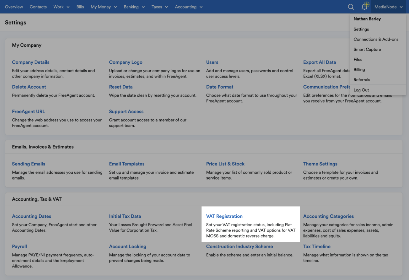 VAT Registration highlighted on settings page