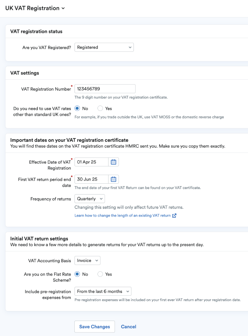 VAT registration settings set as Registered