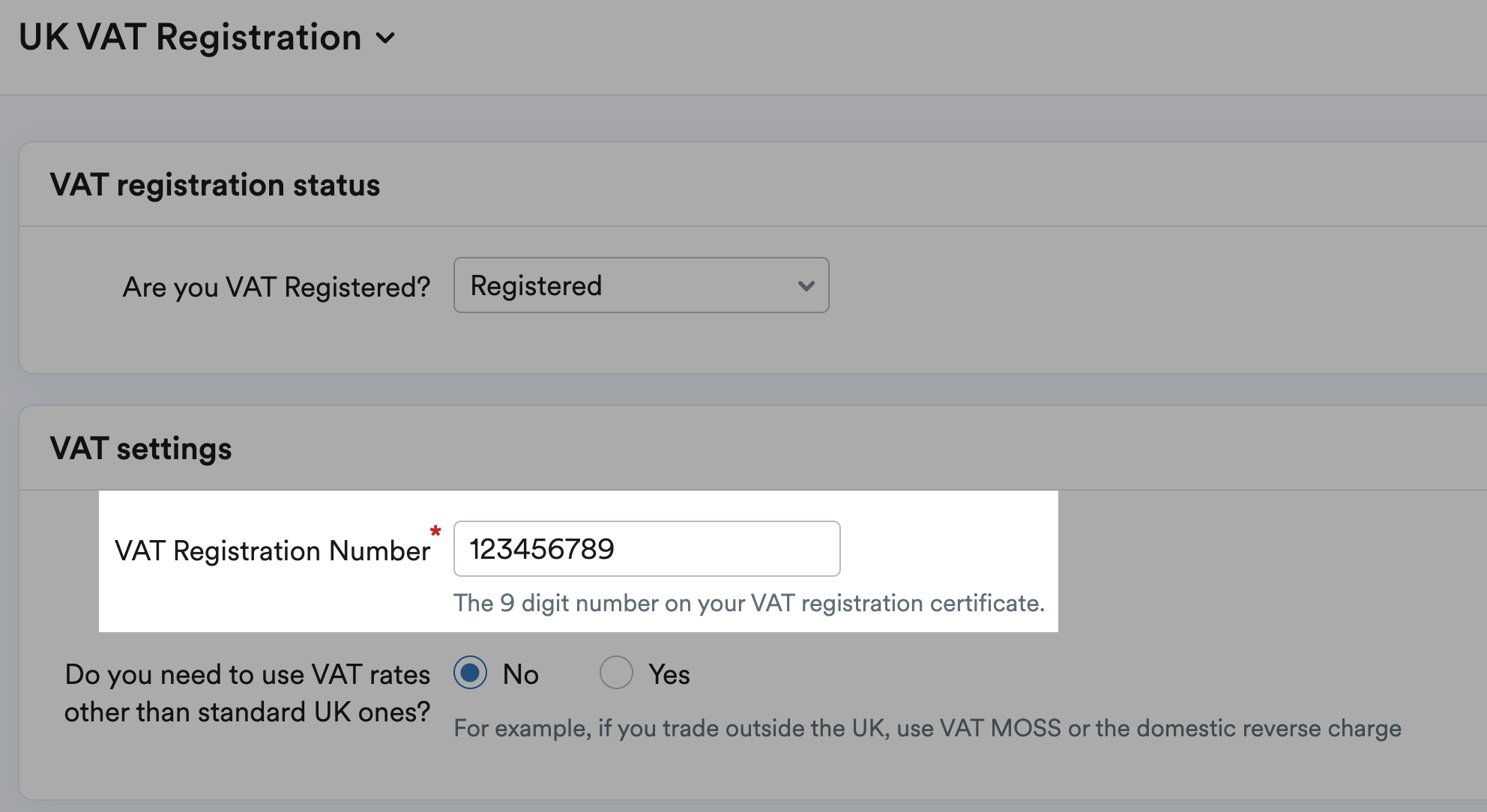 VAT registration number field highlighted