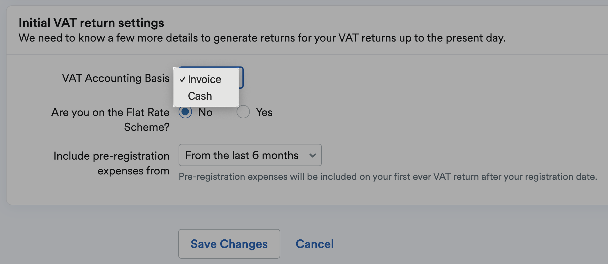 VAT accouting basis drop-down menu highlighted