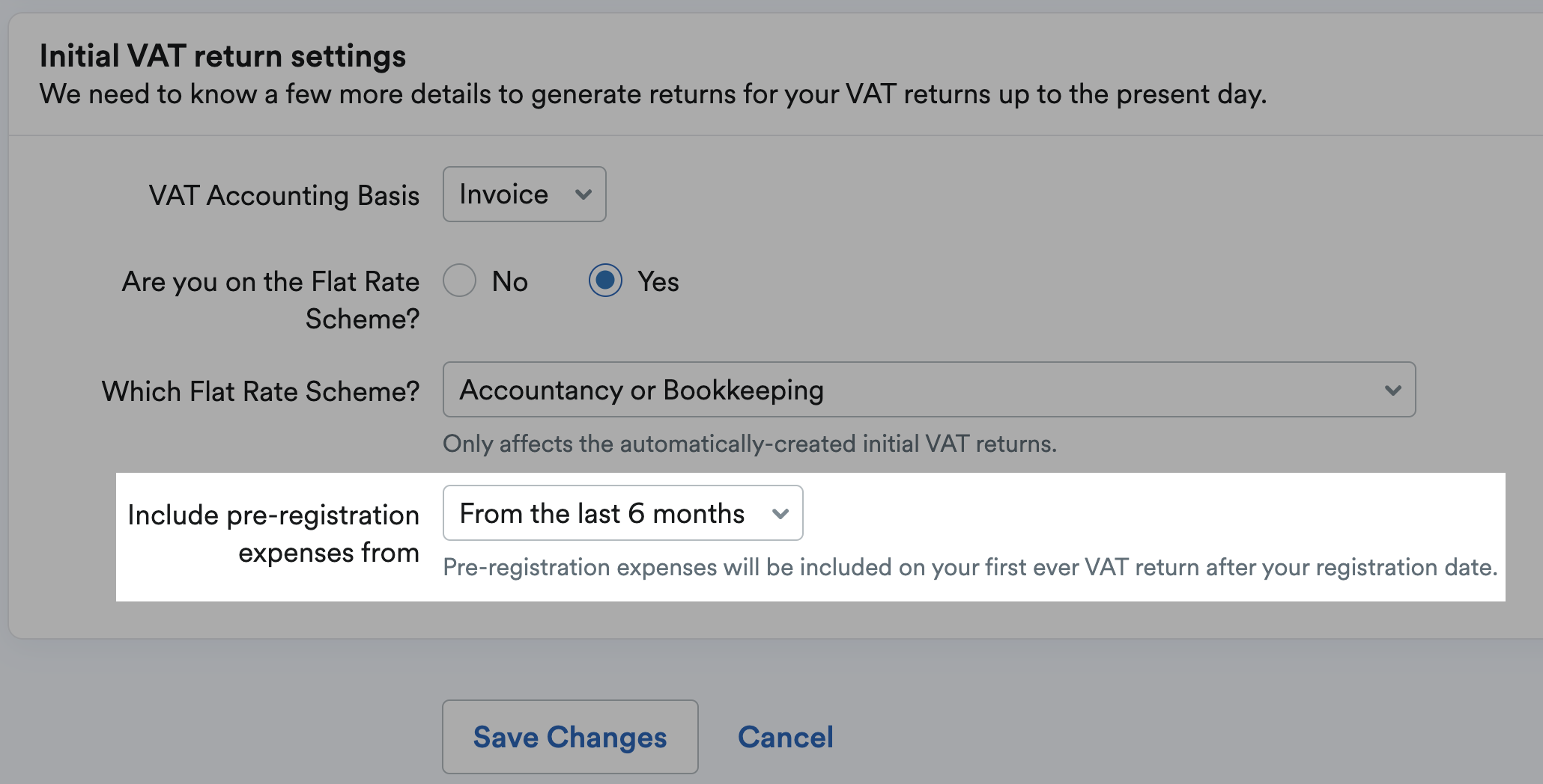 Pre-registration expenses option highlighted