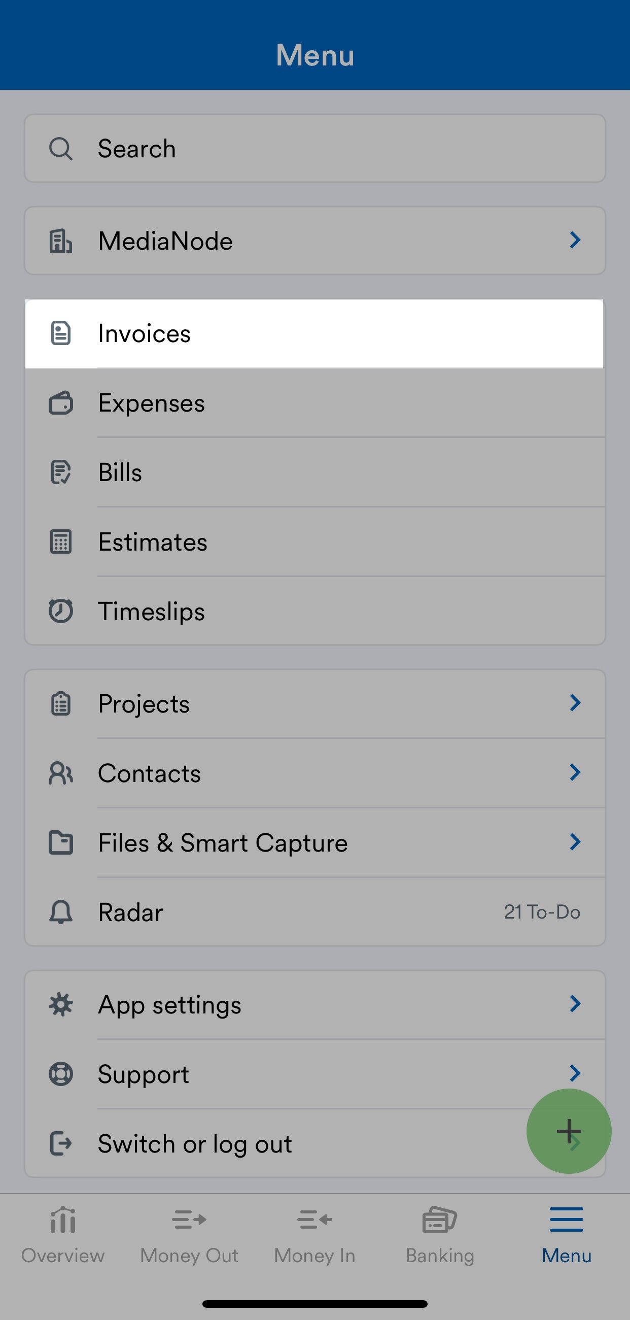 FreeAgent mobile app menu with Invoices highlighted