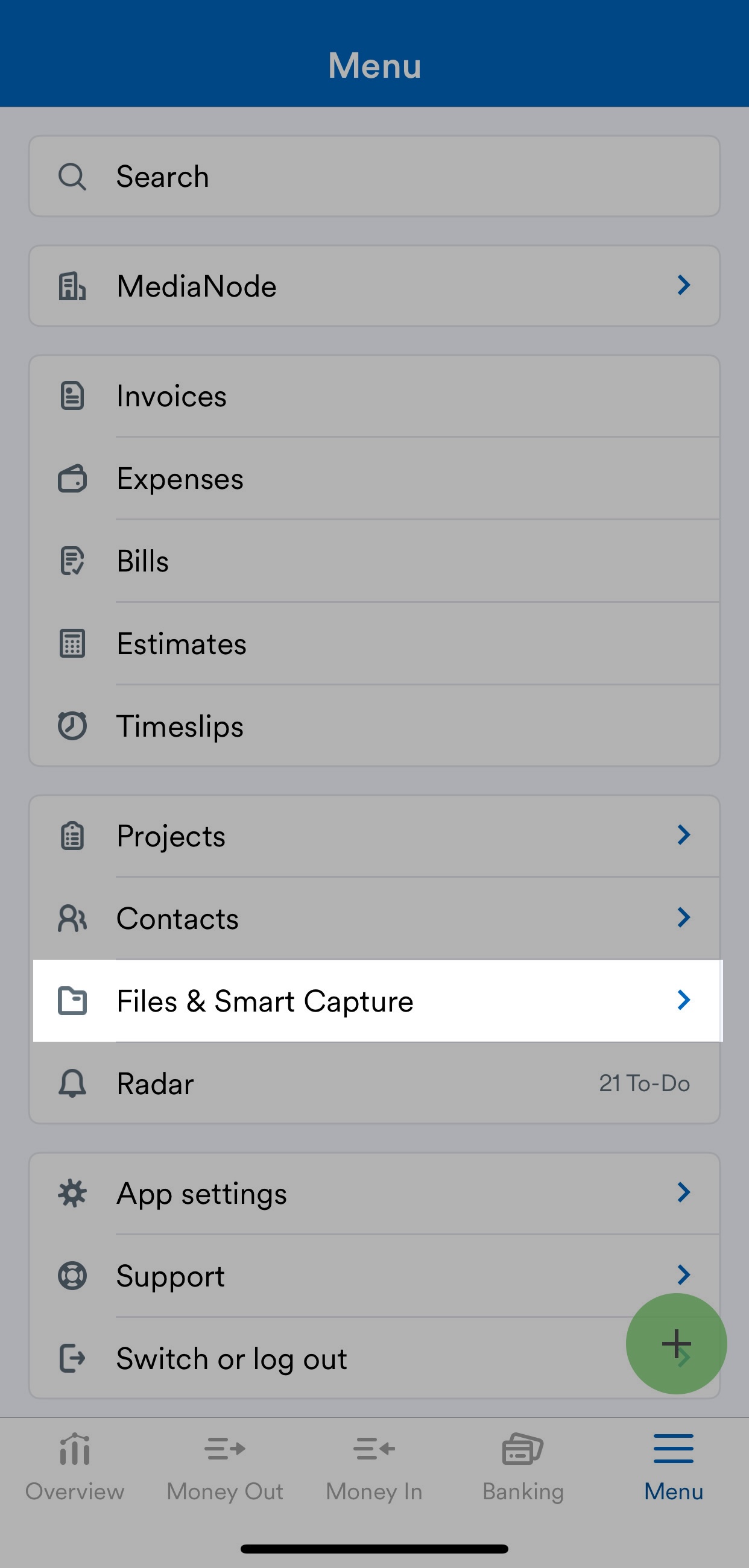 'Files and Smart Capture' highlighted on mobile navigation menu.