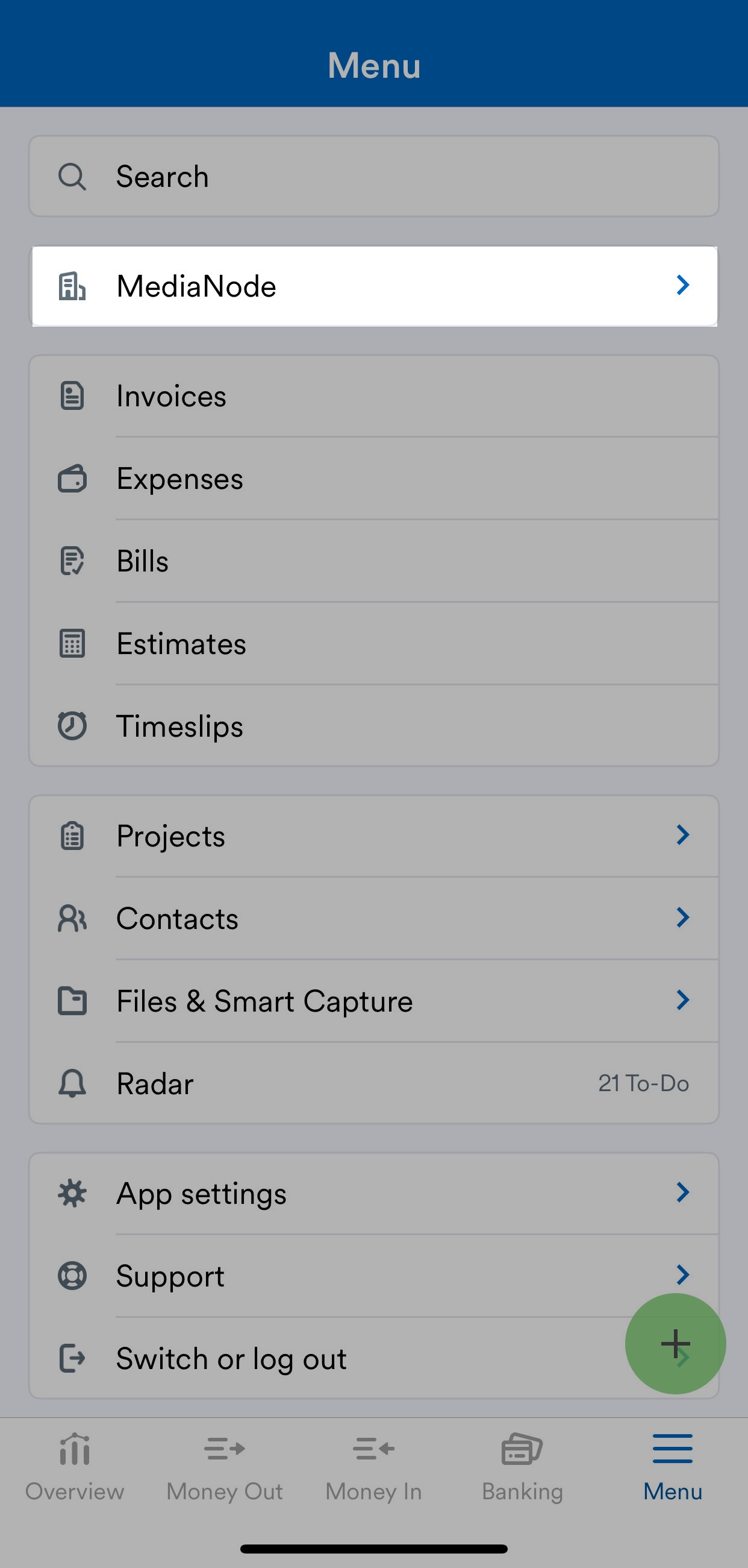FreeAgent mobile app menu with business name highlighted