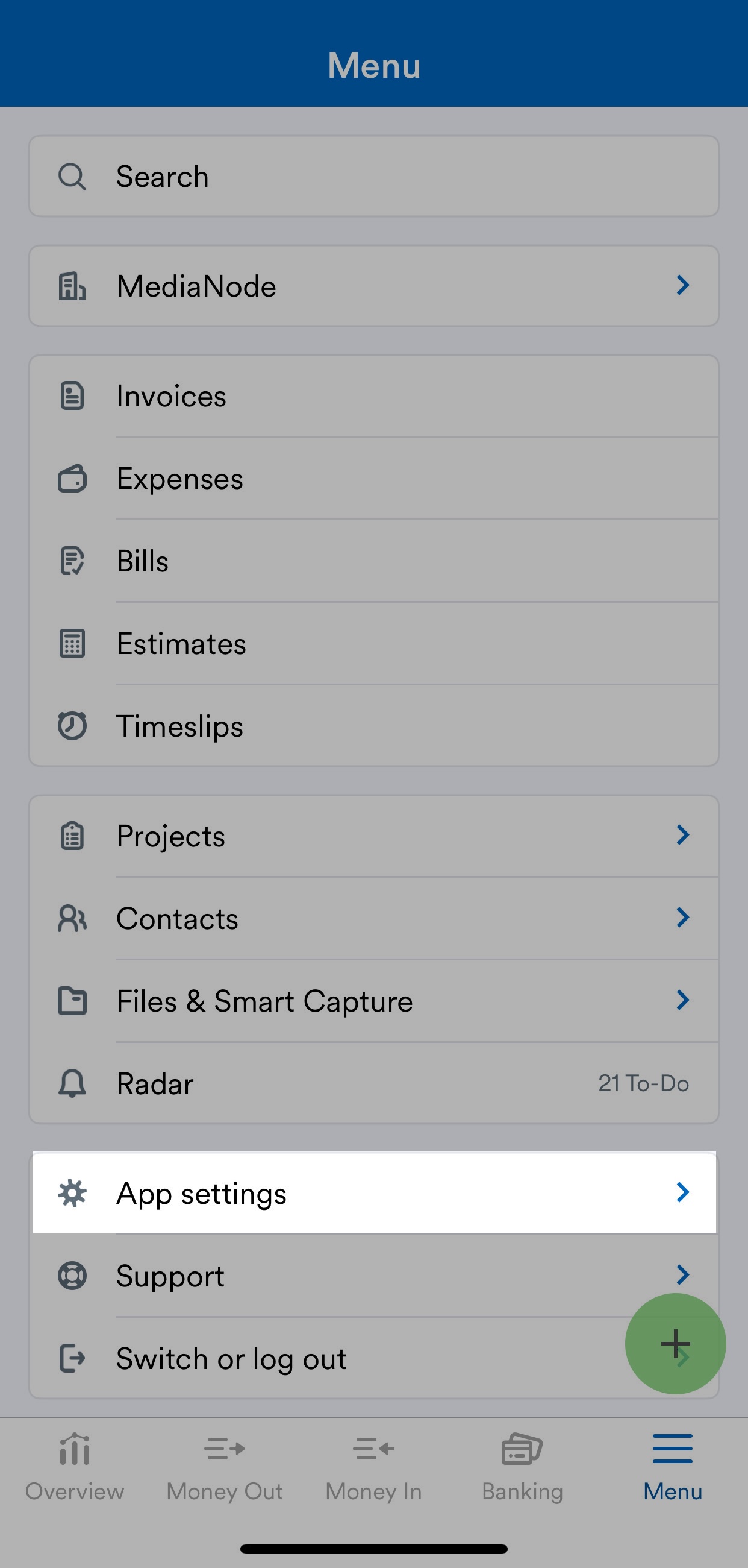 Mobile menu with app settings highlighted
