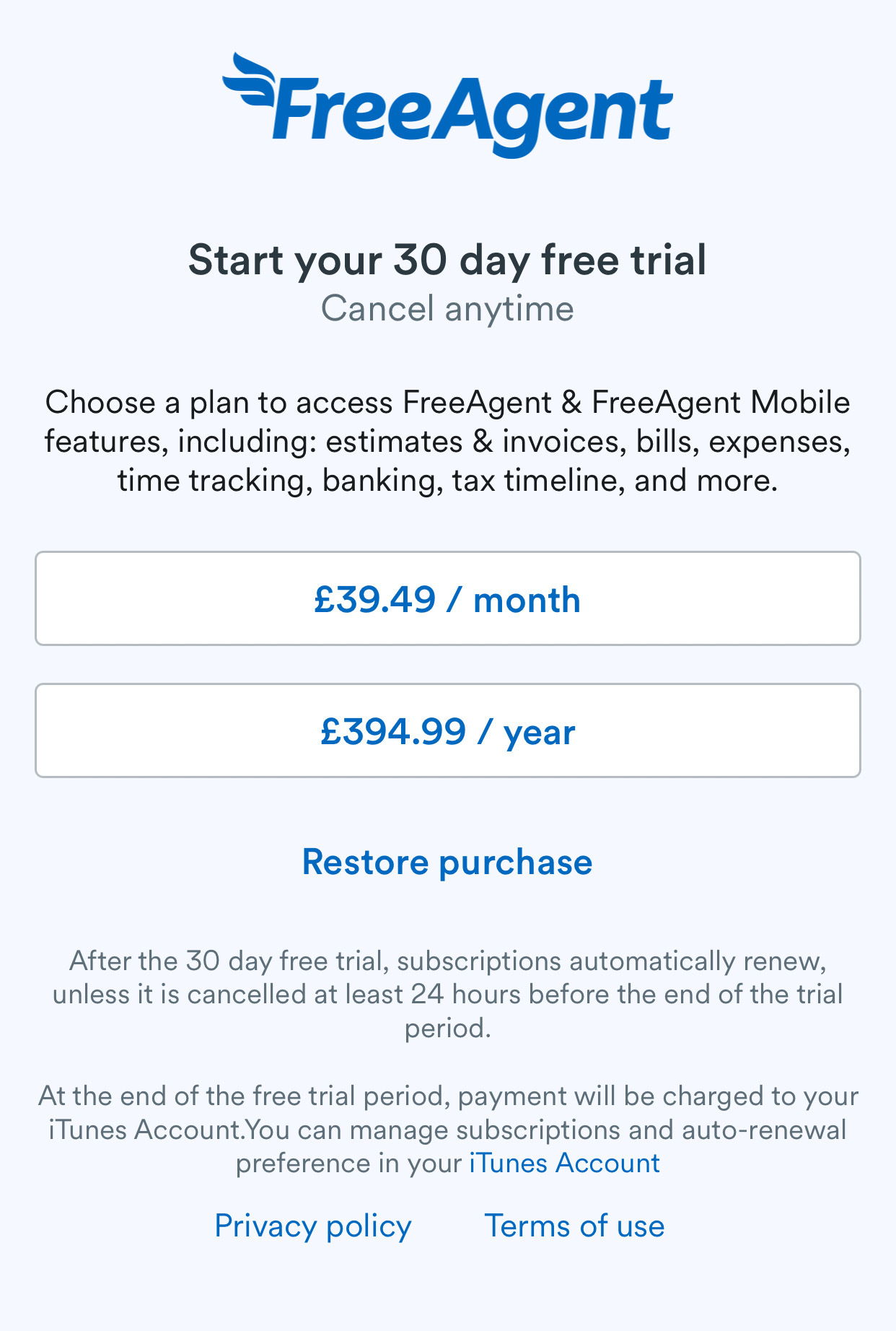 FreeAgent sign up screen
