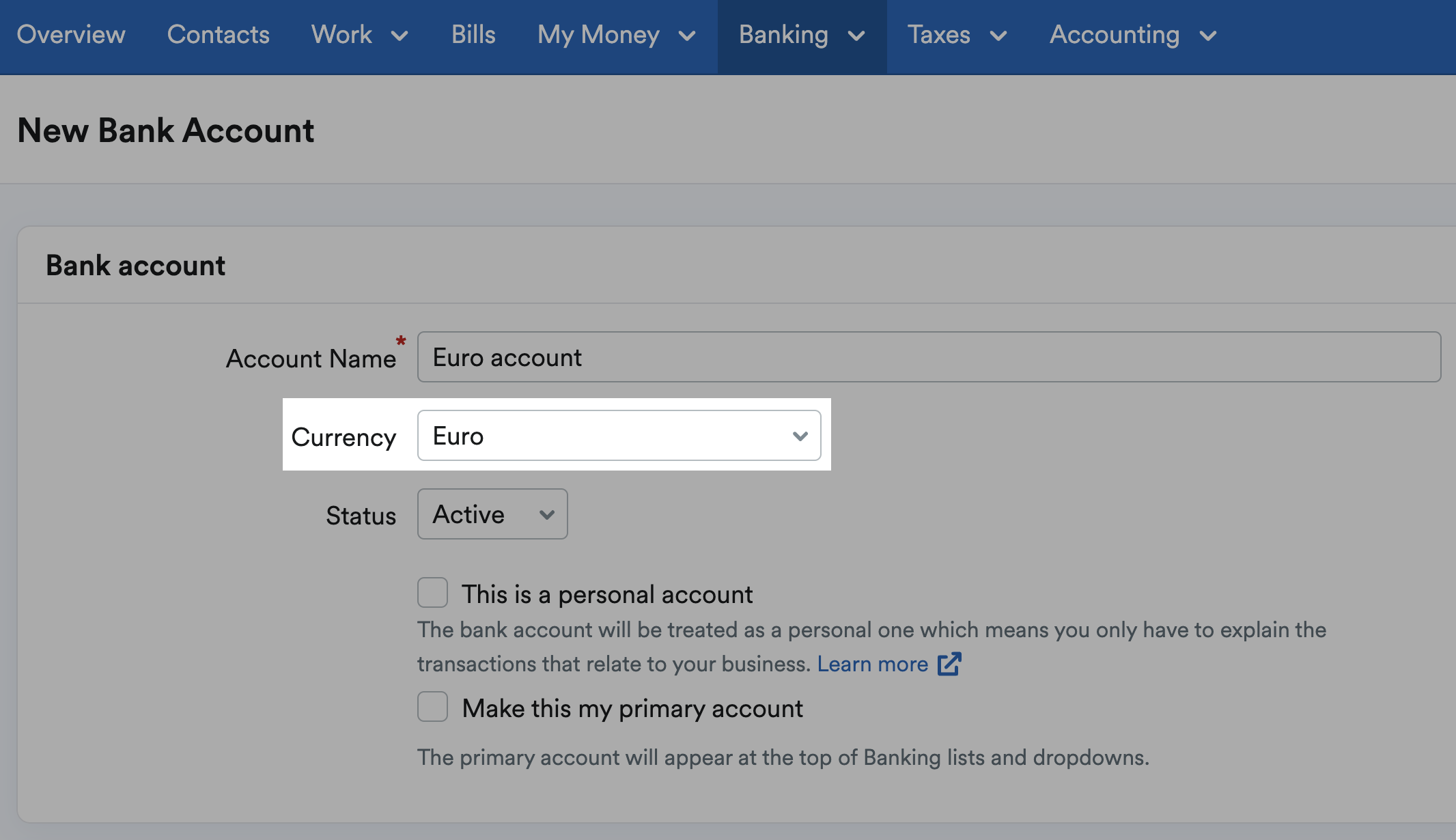 Currency drop-down menu highlighted