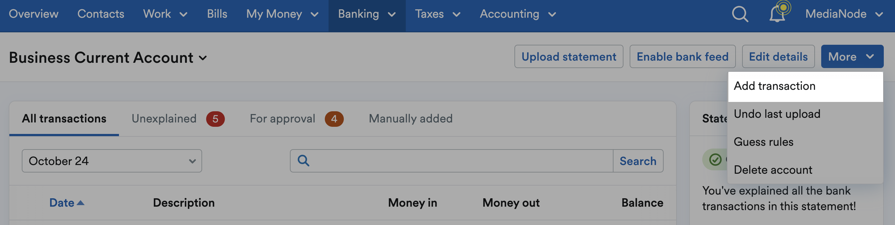 Bank account screen with Add transaction highlighted from the More drop-down menu
