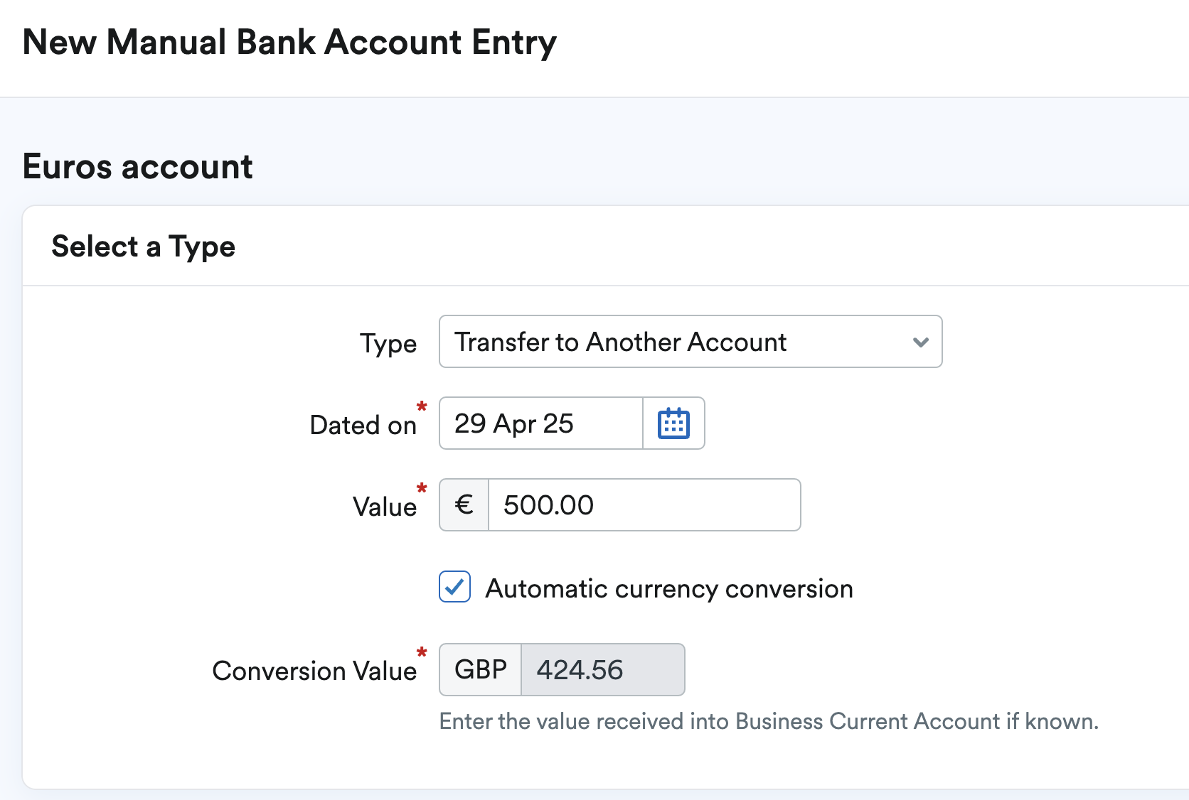 Manual bank transaction being entered as a transfer to another account