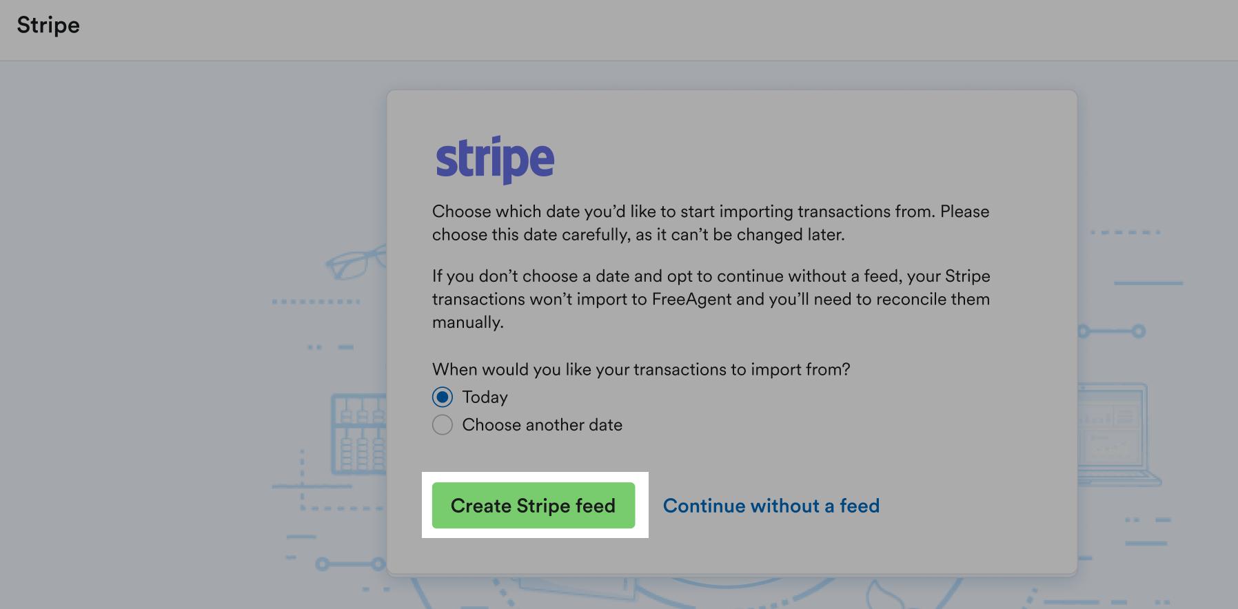 Button to create a Stripe feed highlighted on Stripe screen