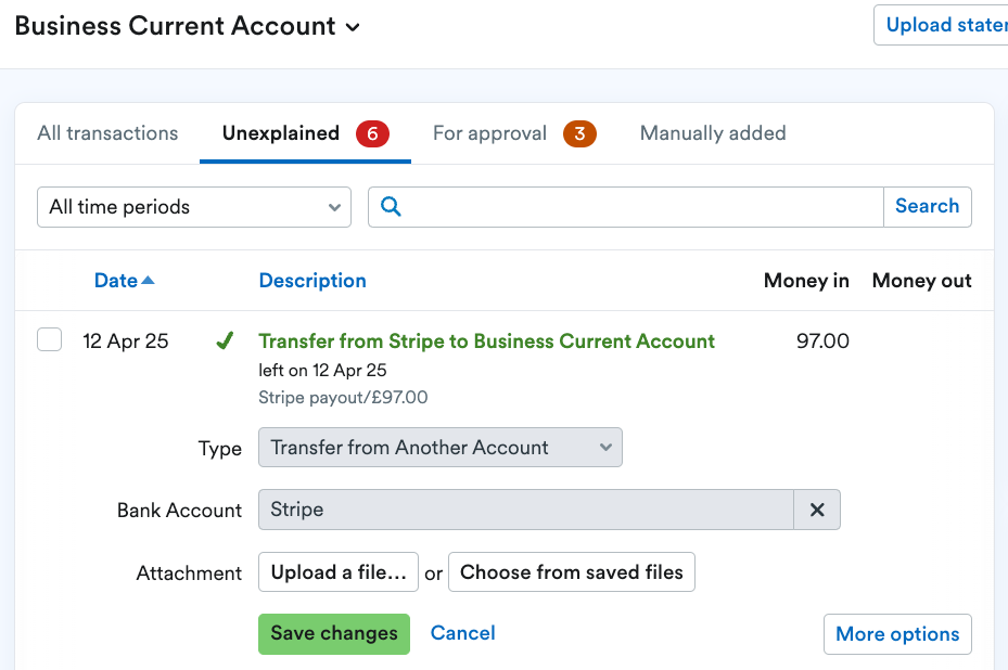 Transaction explained as a transfer from business account to Stripe account for disbursements