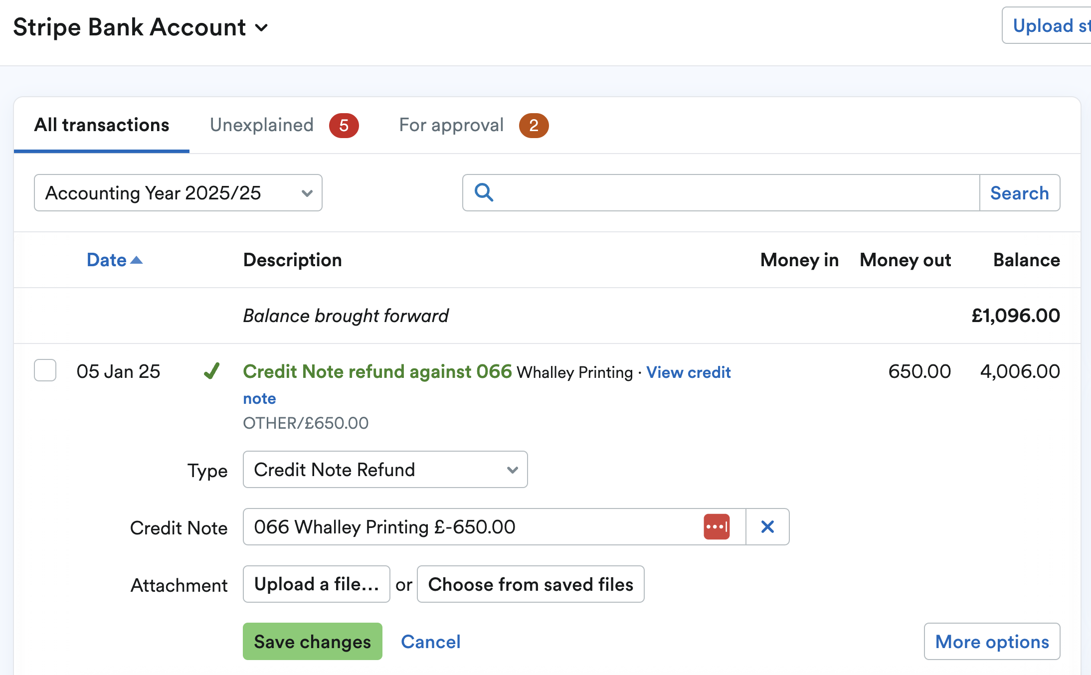 Transaction explained as a credit note refund