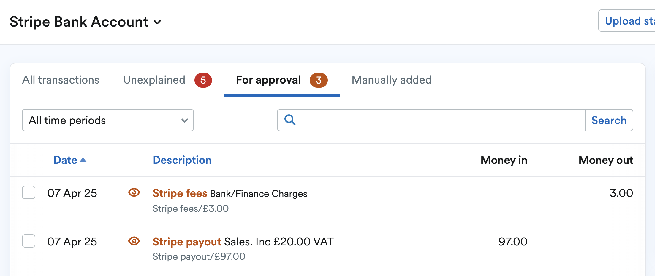 Transactions for Sales payment and Stripe fees marked for approval