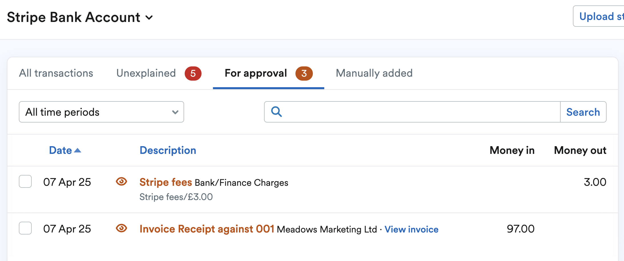 Transactions for invoice payment and Stripe fees marked for approval