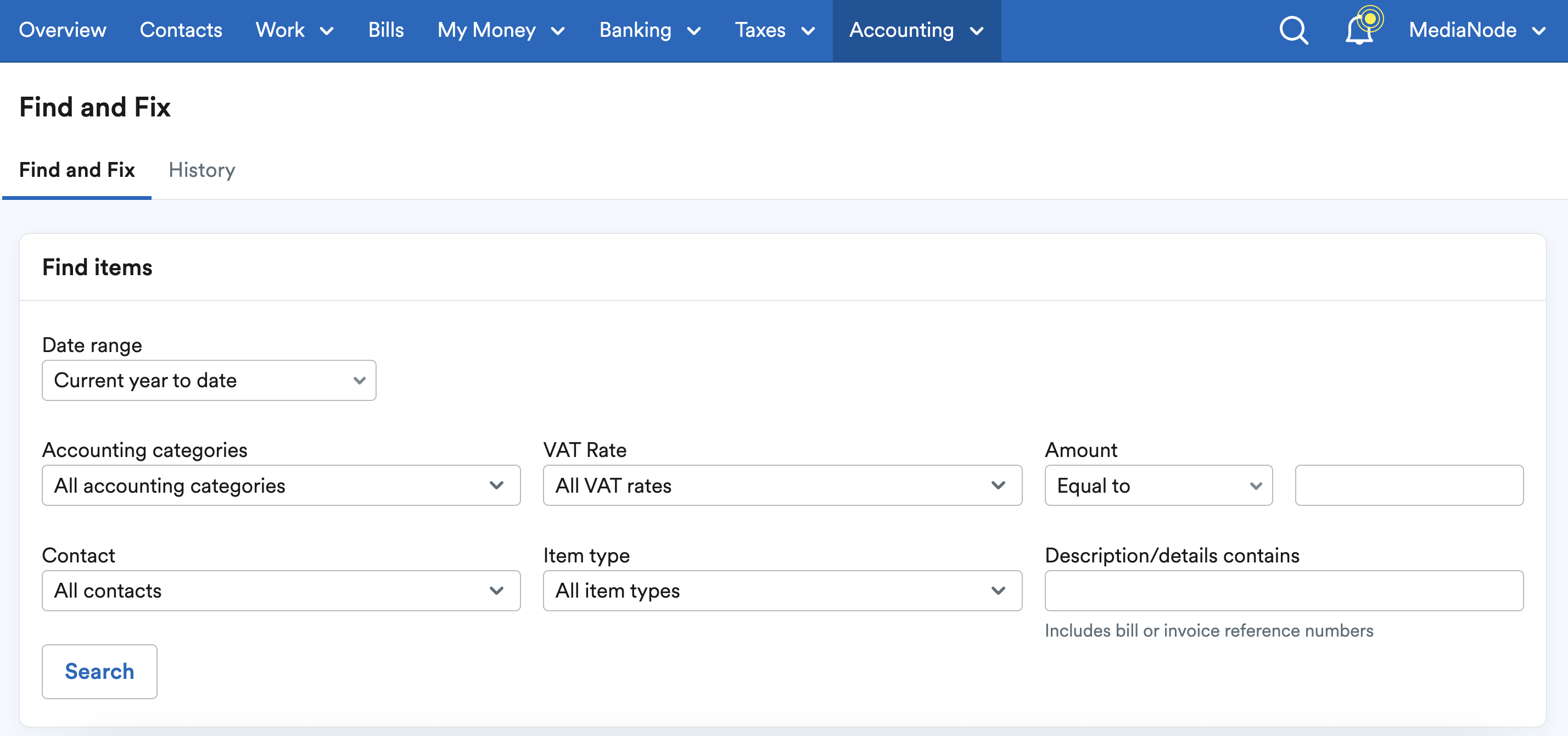 Find and Fix page showing filters to search by.