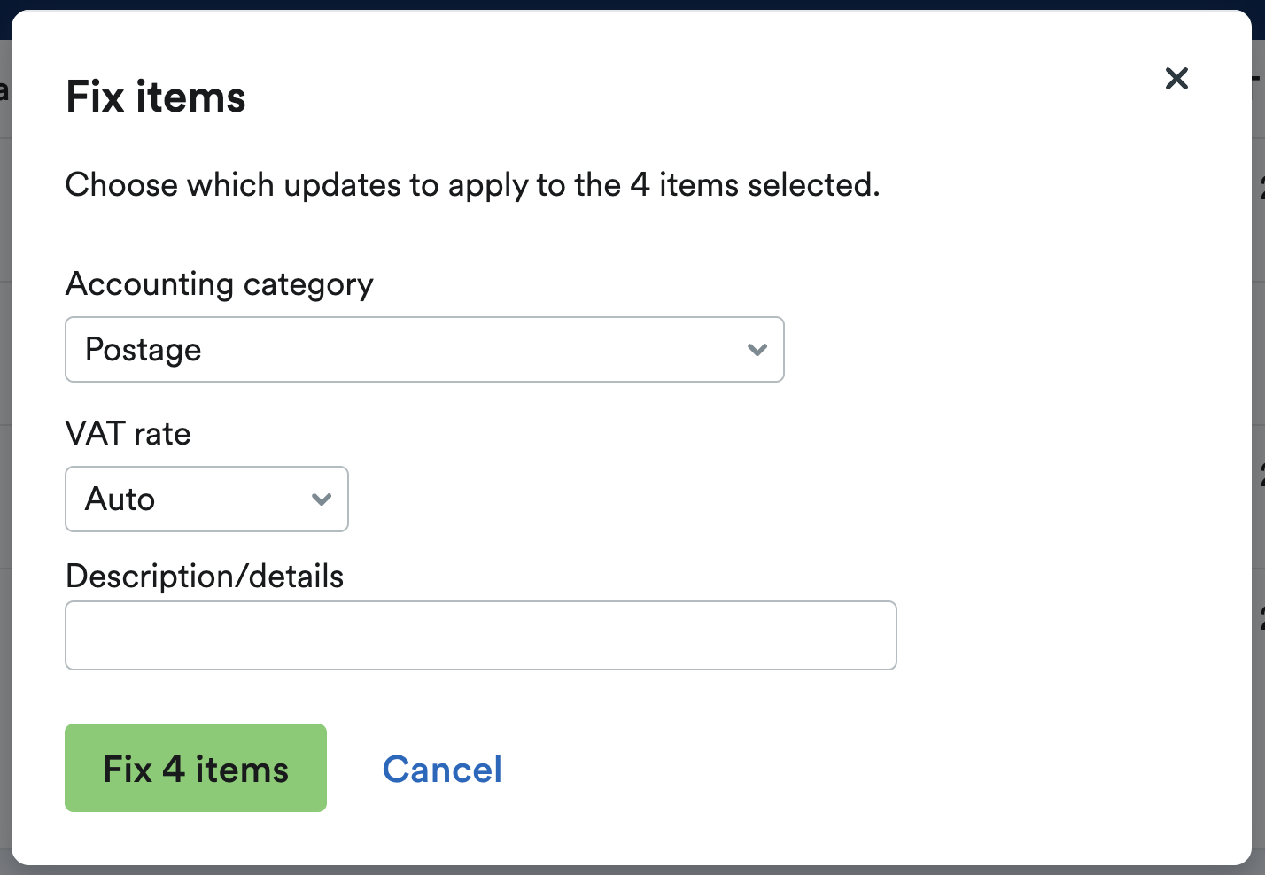 Fix items' window with options to change Accounting category, VAT rate, and Description.