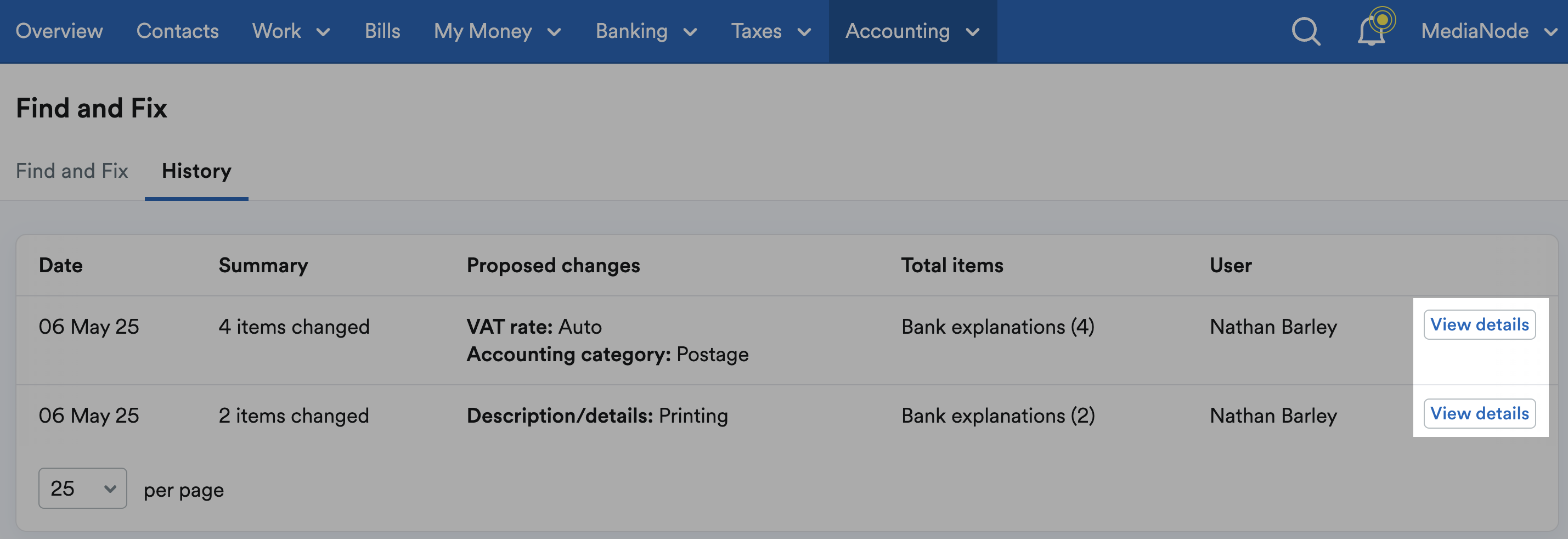 'View details' buttons highlighted next to listed historical changes.