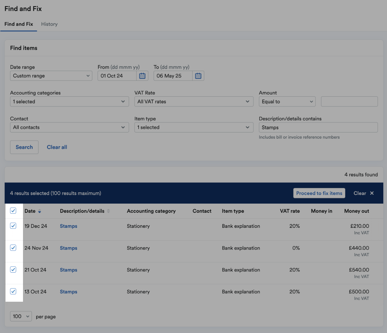 Checkboxes next to items selected and highlighted.