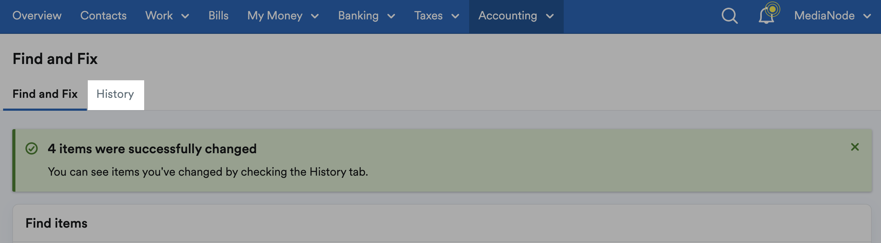 'History' tab highlighted at top of Find and Fix page.