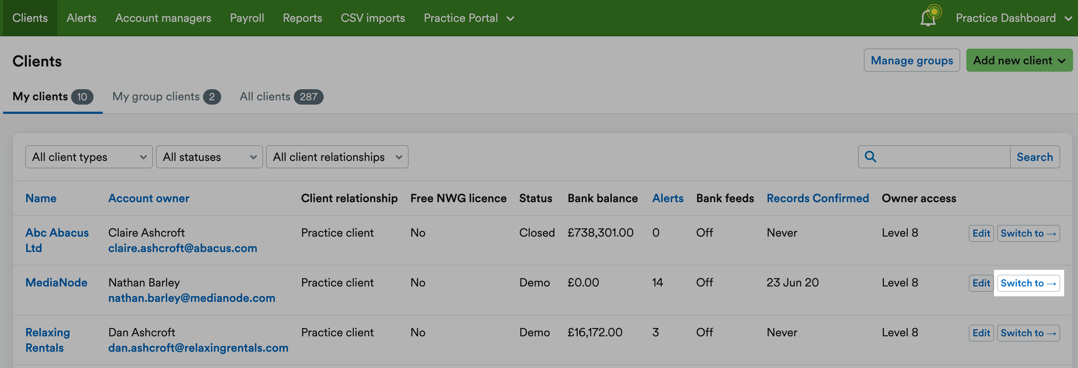 'Switch to' button highlighted next to listed client on Clients page.