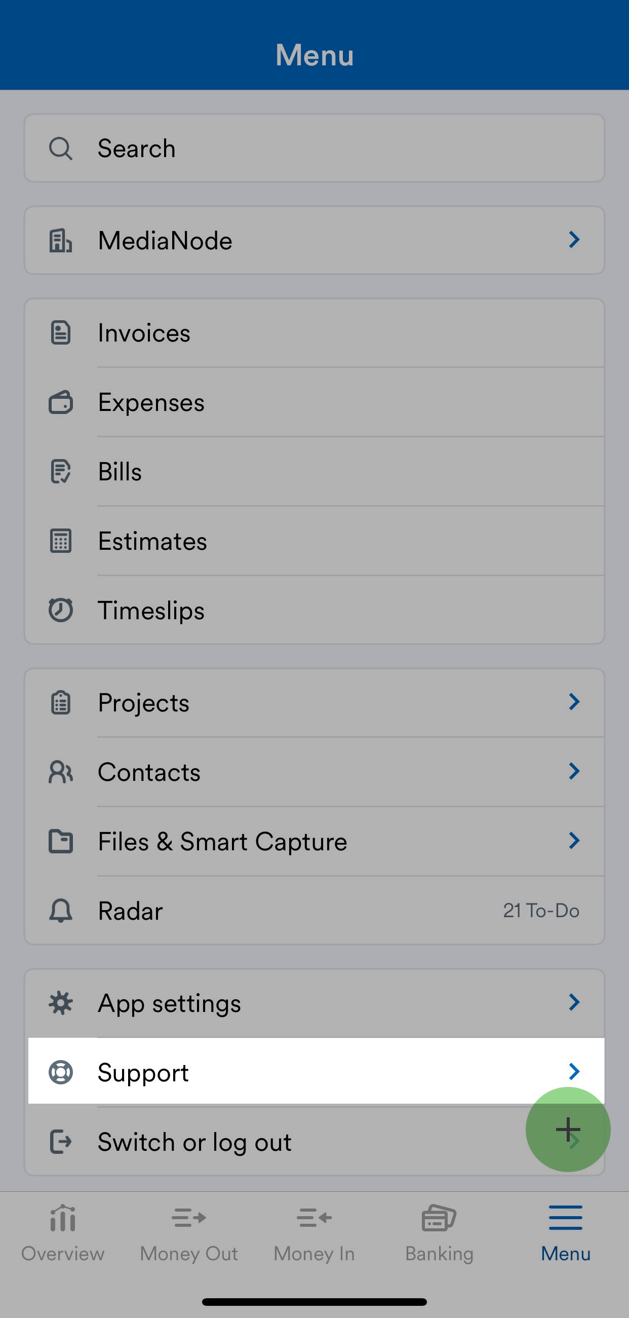 Mobile menu with Support highlighted