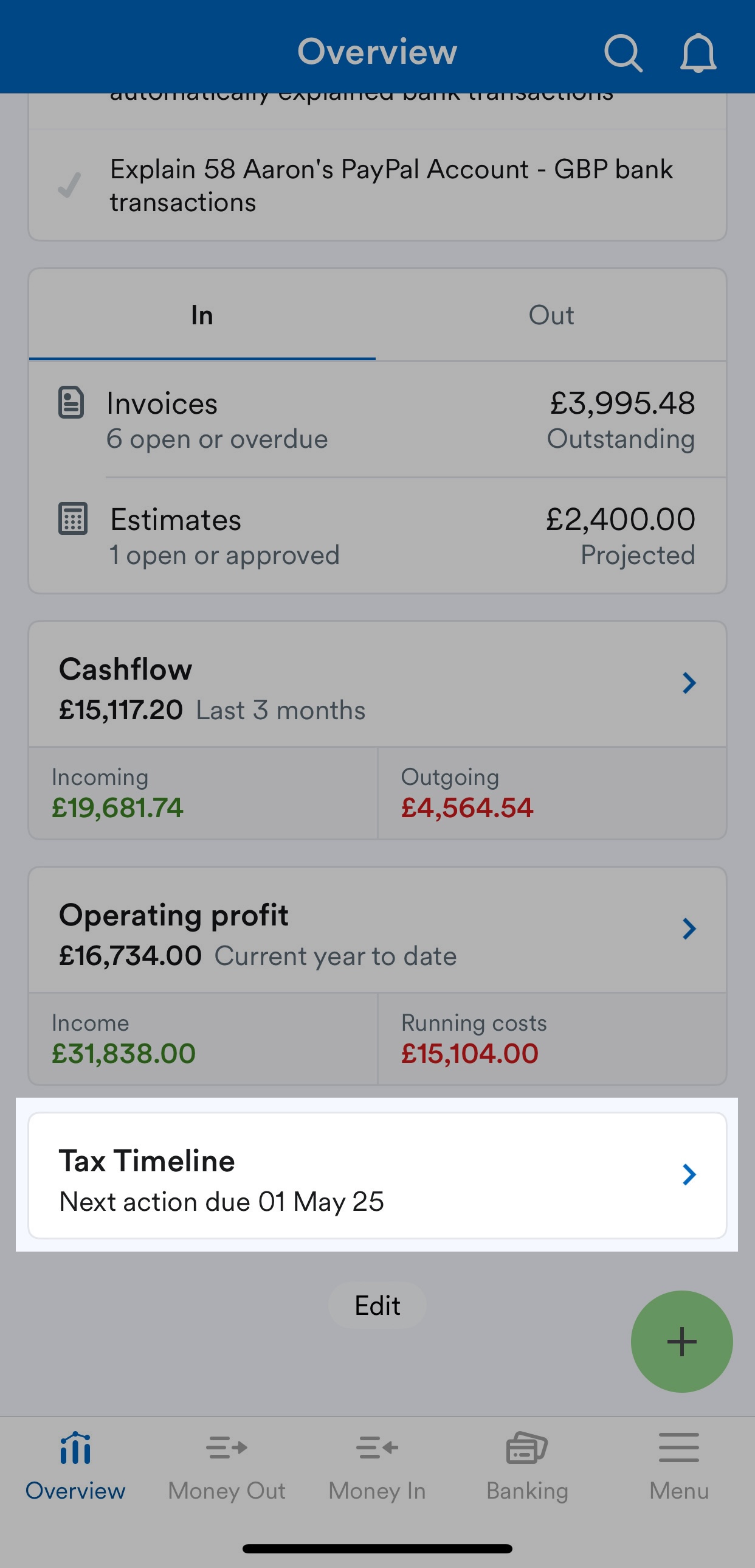 Tax Timeline highlighted on the home screen