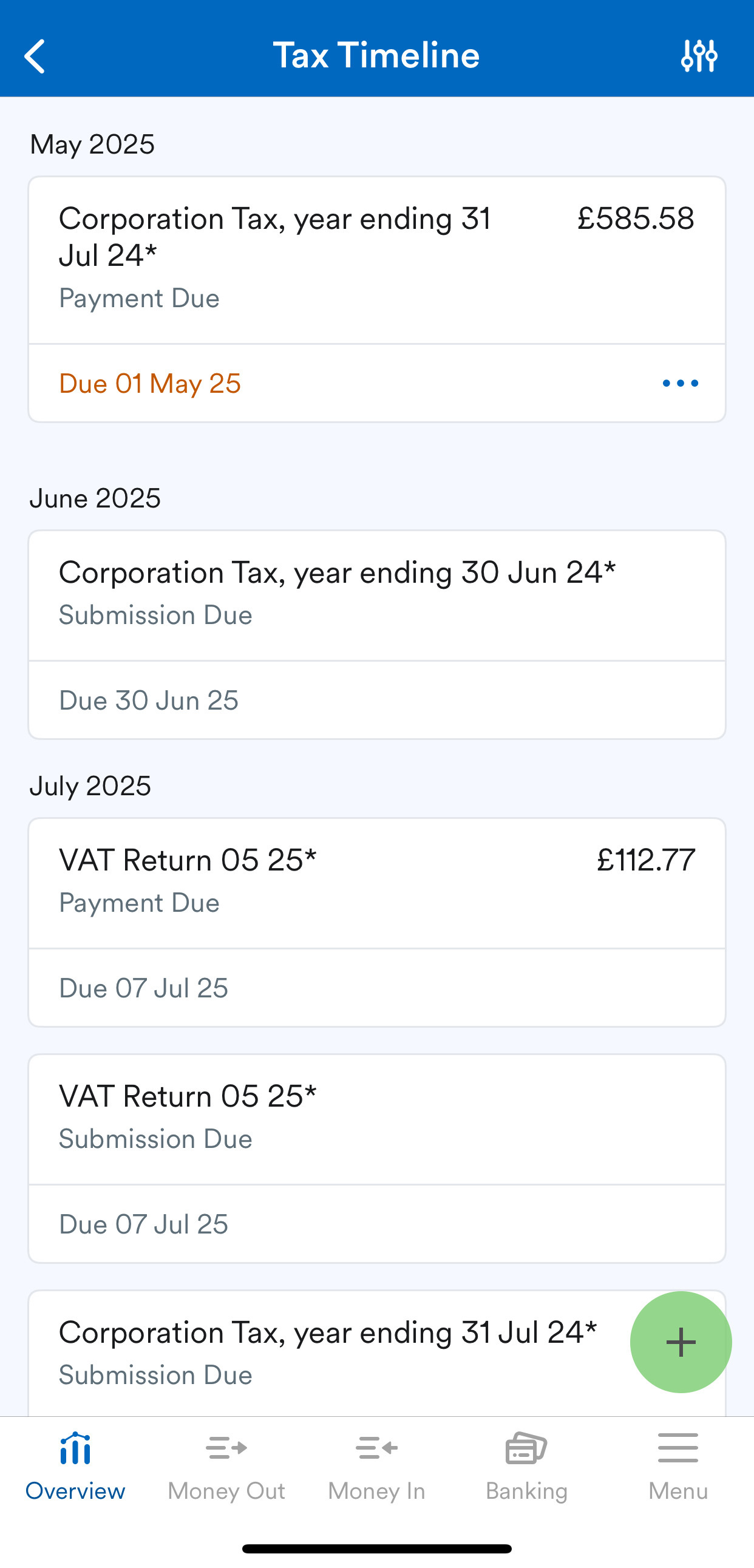 Tax Timeline screen
