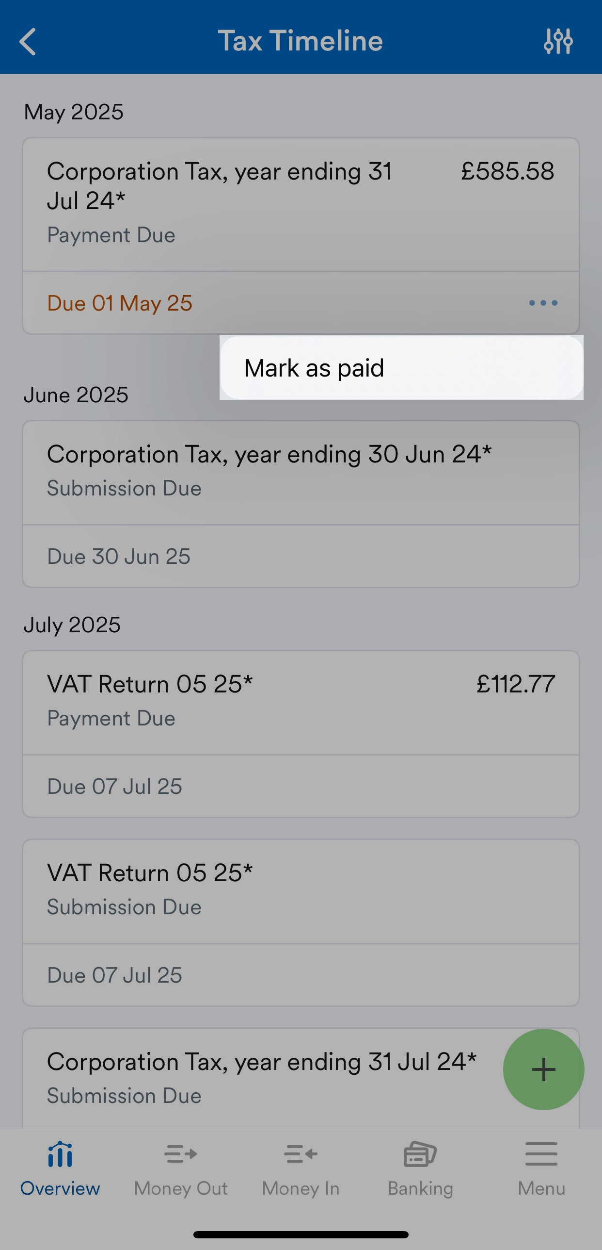 Mark as paid highlighted on Tax Timeline
