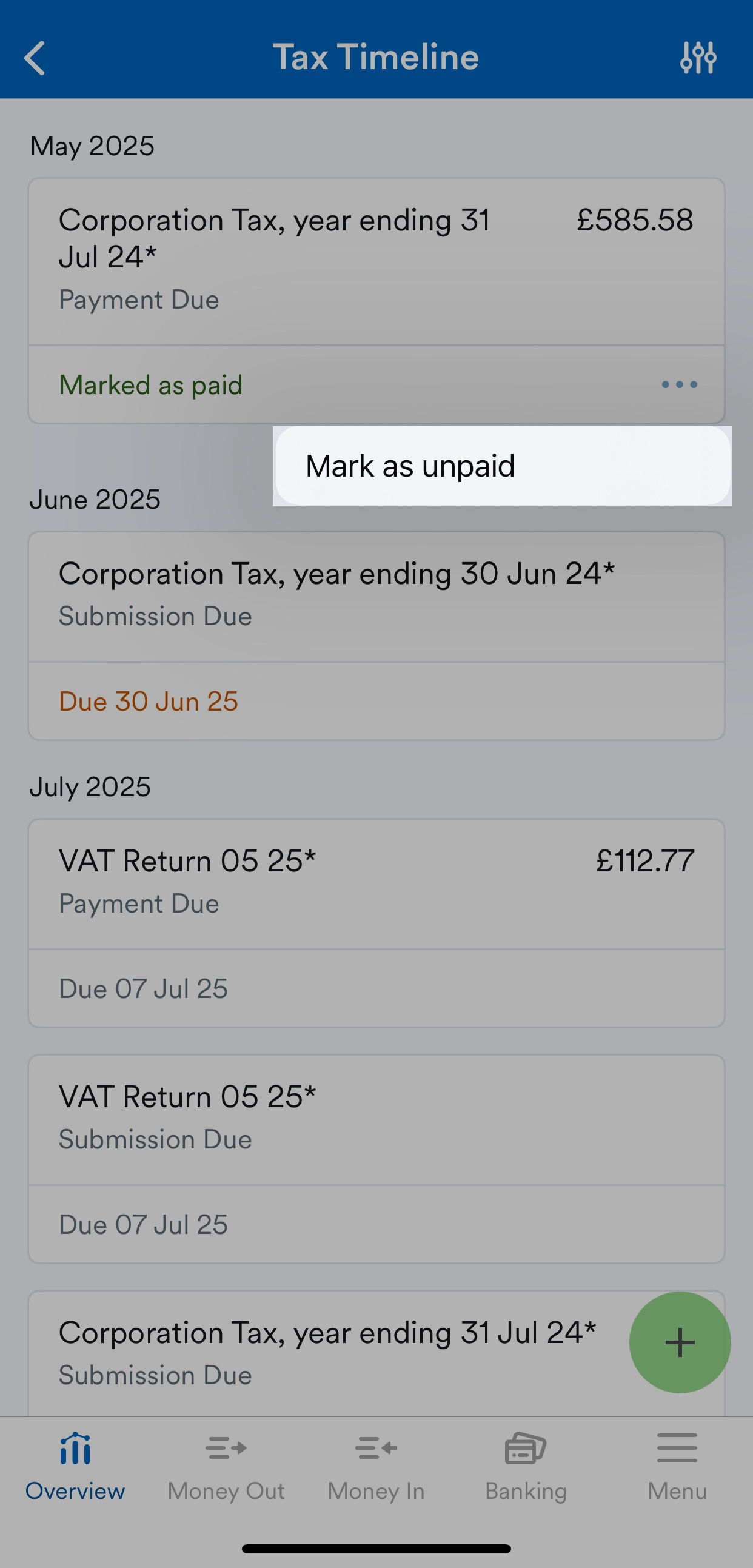 Mark as unpaid highlighted on Tax Timeline