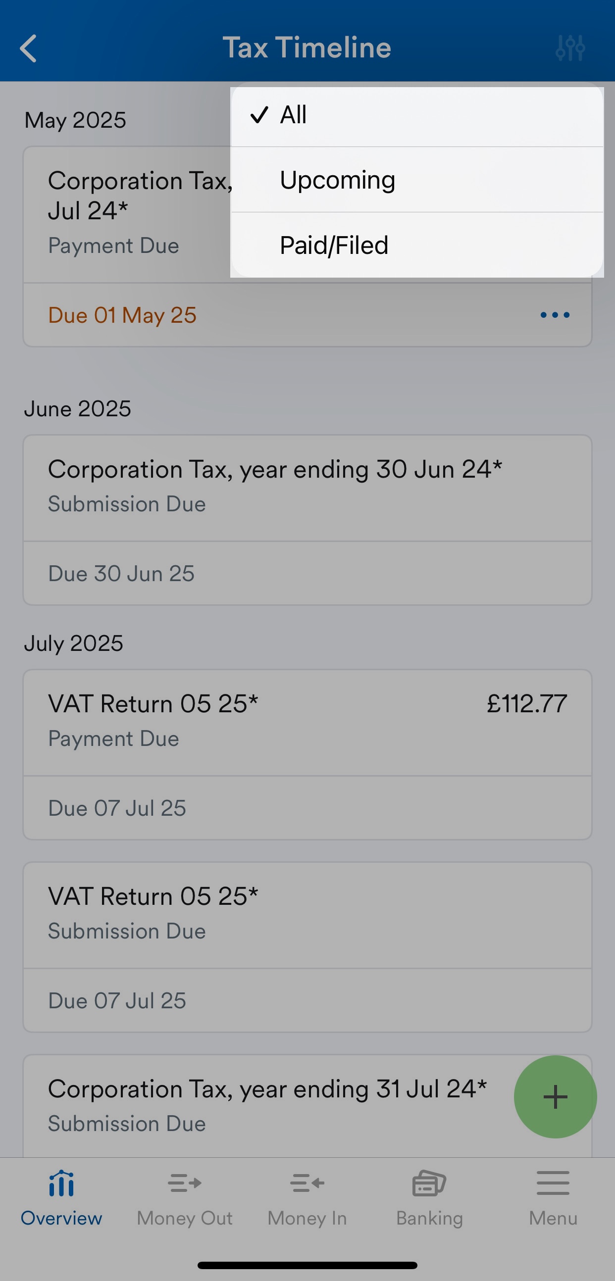 Tax Timeline filter highlighted