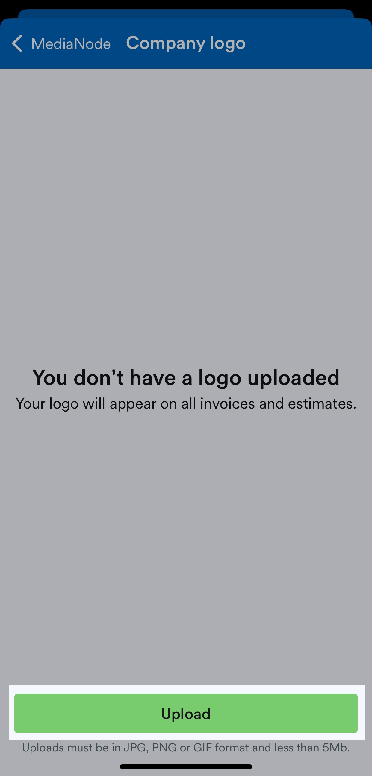 'Upload' button highlighted on Company logo screen.
