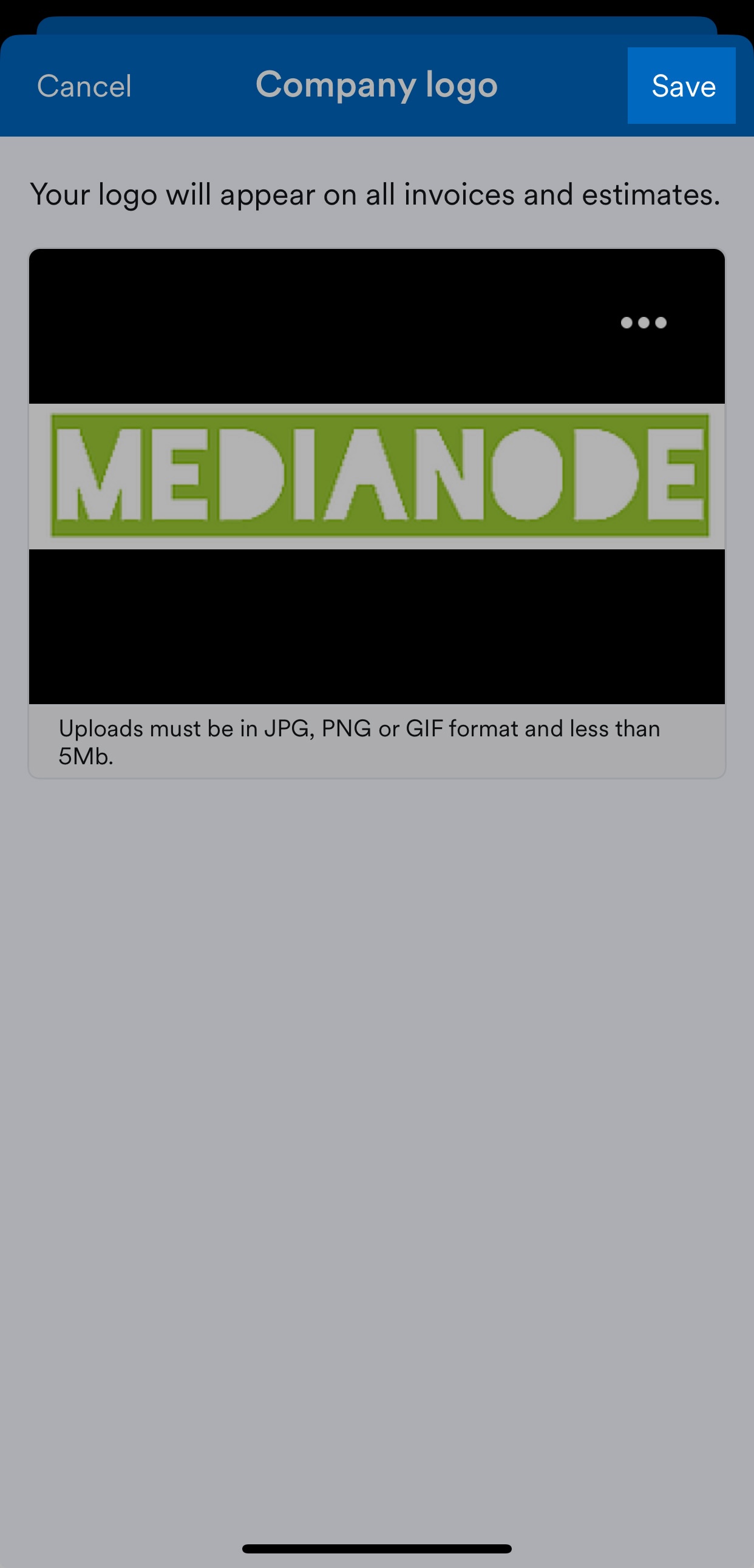 'Save' button highlighted on Company logo screen.