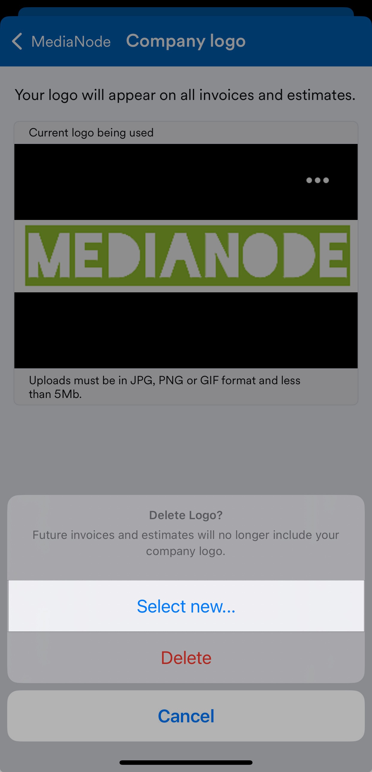 'Select new...' button highlighted on Company logo screen.