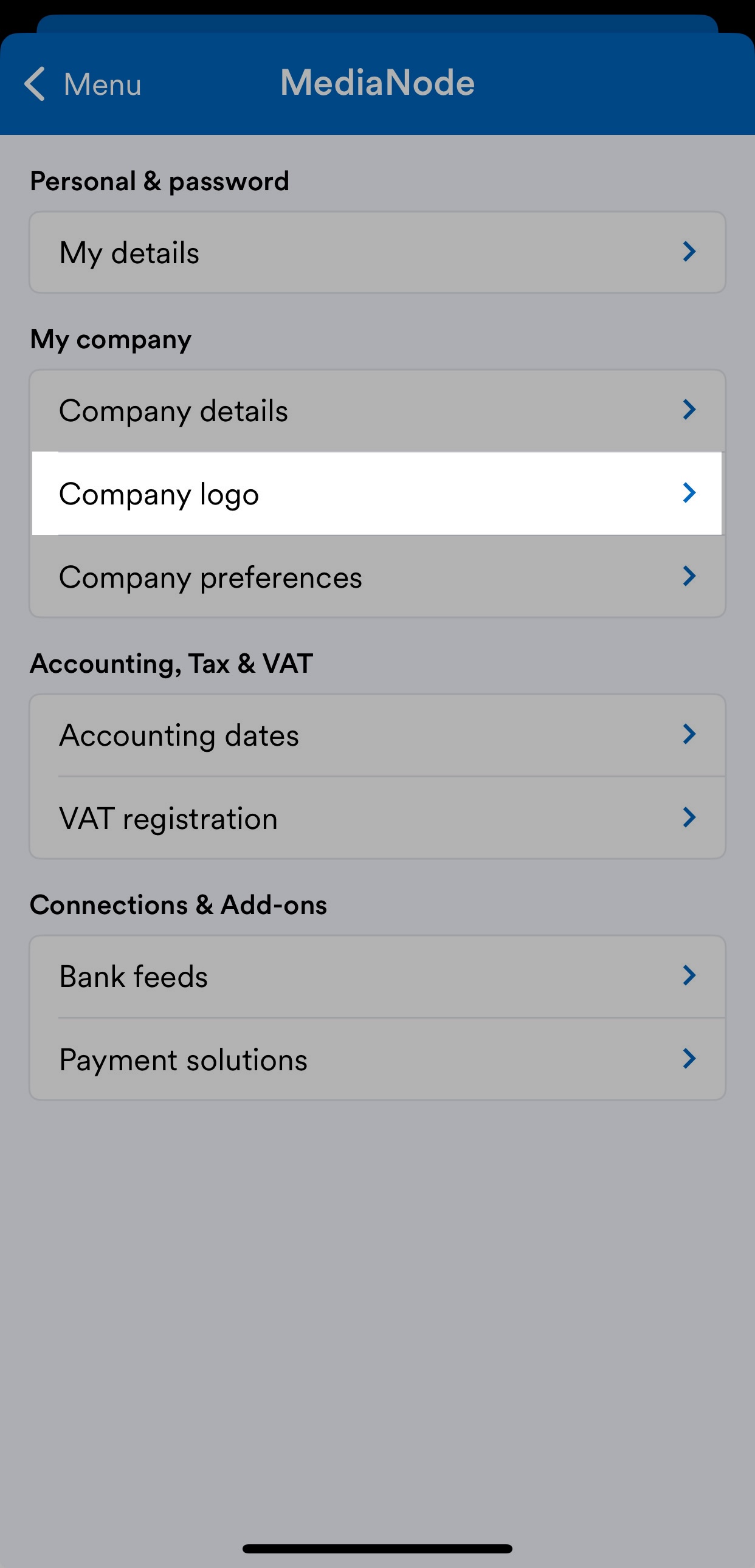 'Company logo' button highlighted on business name menu.