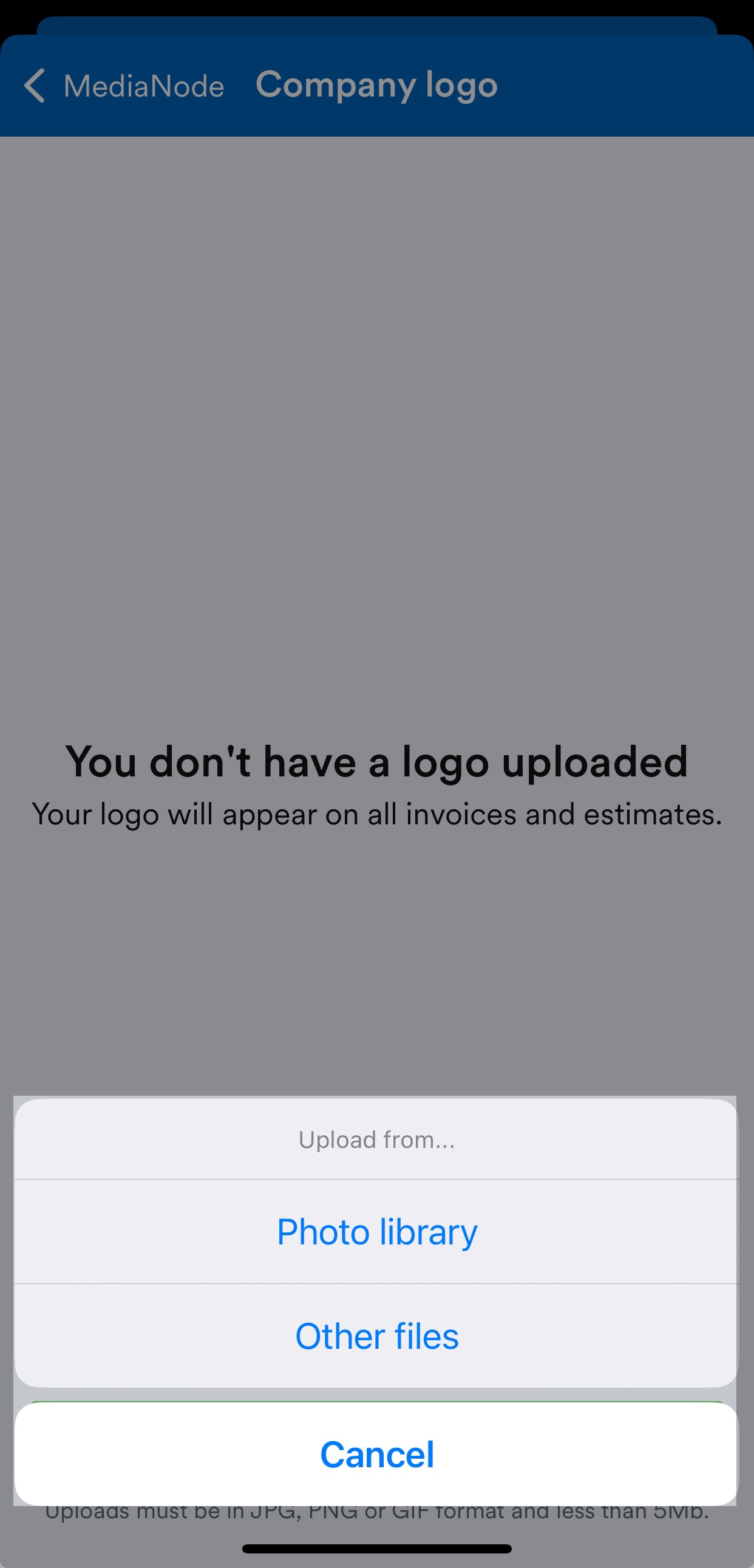 Options to select 'Photo library', 'Other files', or 'Cancel'.
