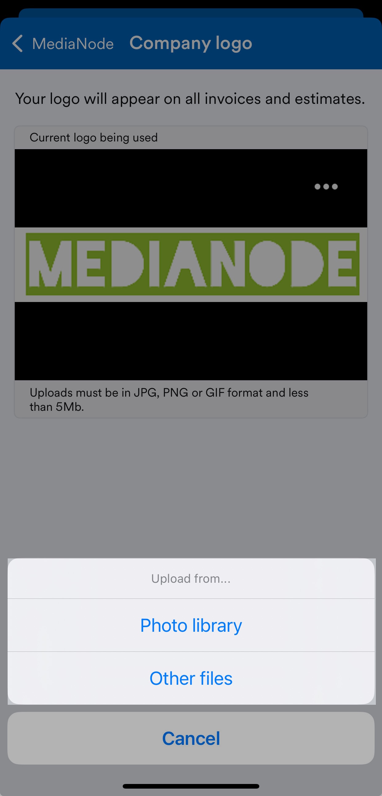 'Photo library' and 'Other files' buttons highlighted on Company logo screen.