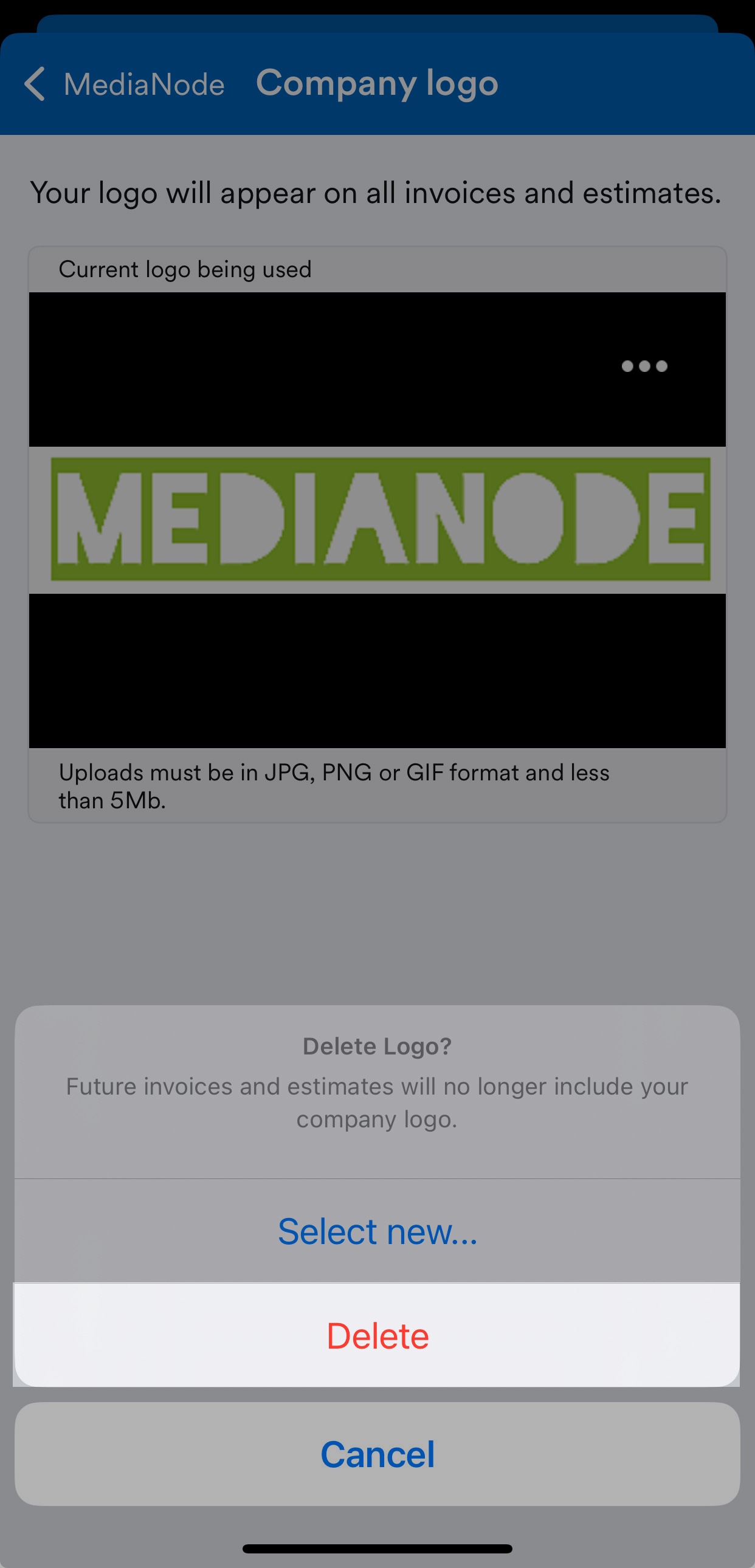 'Delete' button highlighted on Company logo screen.