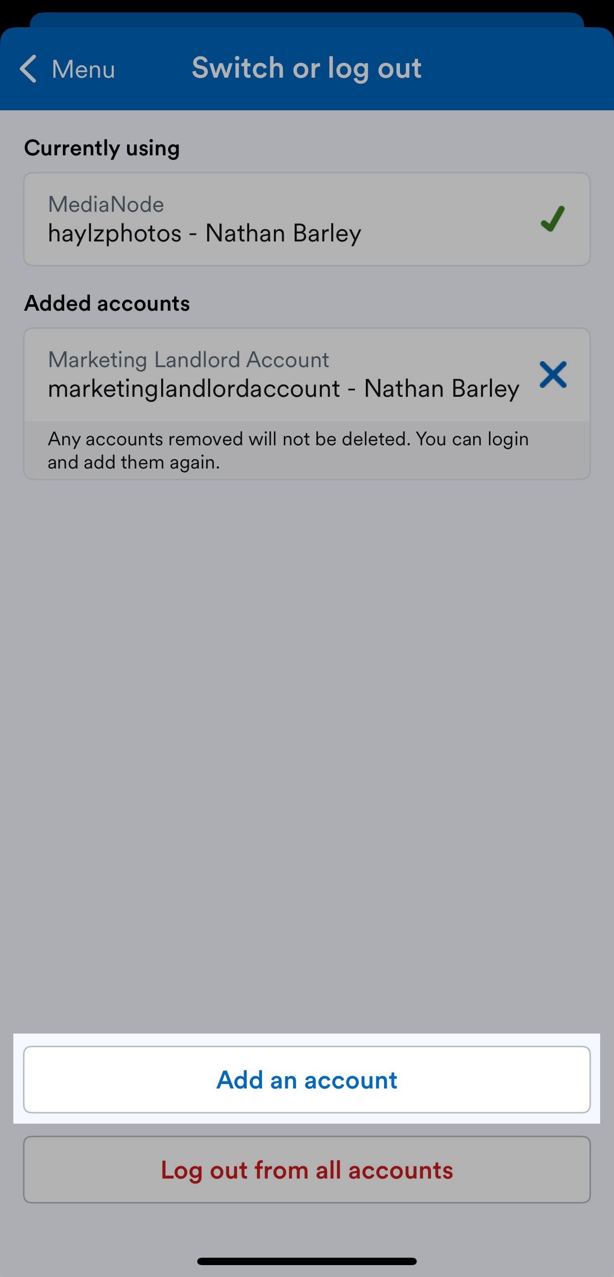 'Add an account' button highlighted on Switch or log out screen.