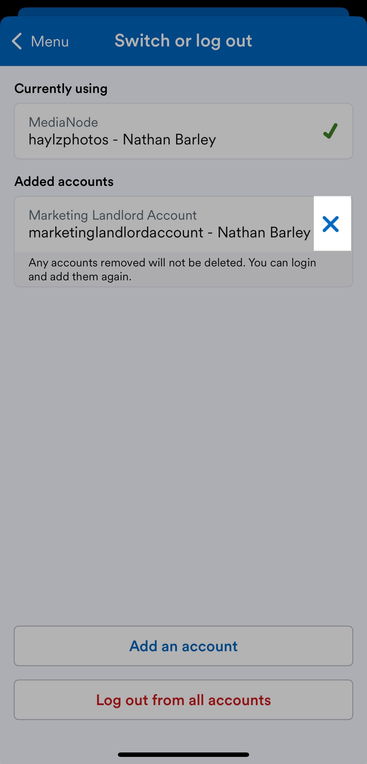 'X' button highlighted next to listed Added accounts.