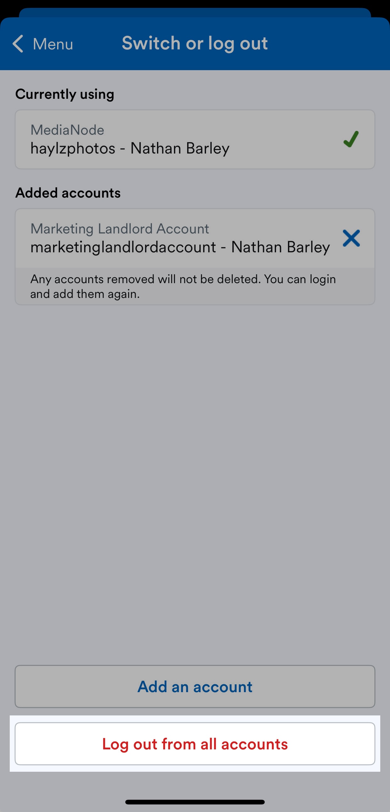 'Log out from all accounts' button highlighted on Switch or log out screen.