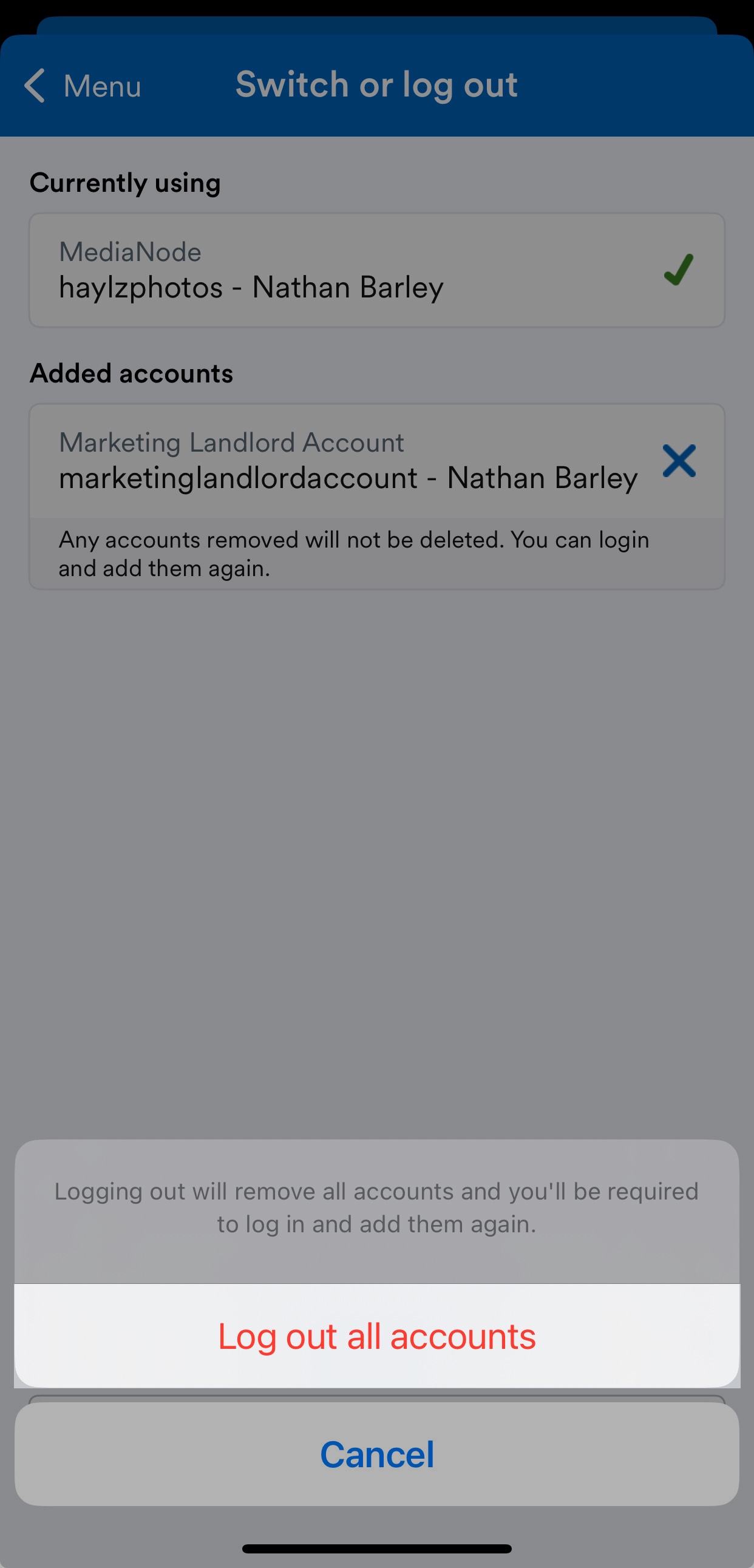 'Log out all accounts' button highlighted on Switch or log out screen.

