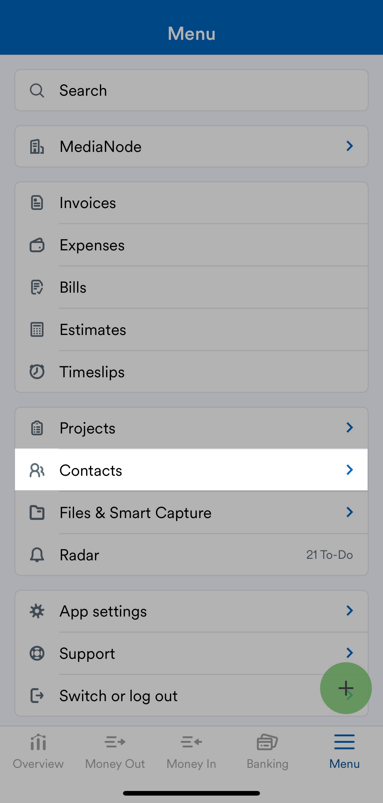 Mobile app menu with Contacts highlighted.