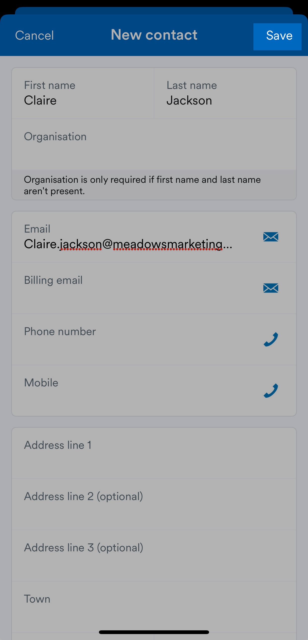 'Save' button highlighted on New contact screen.