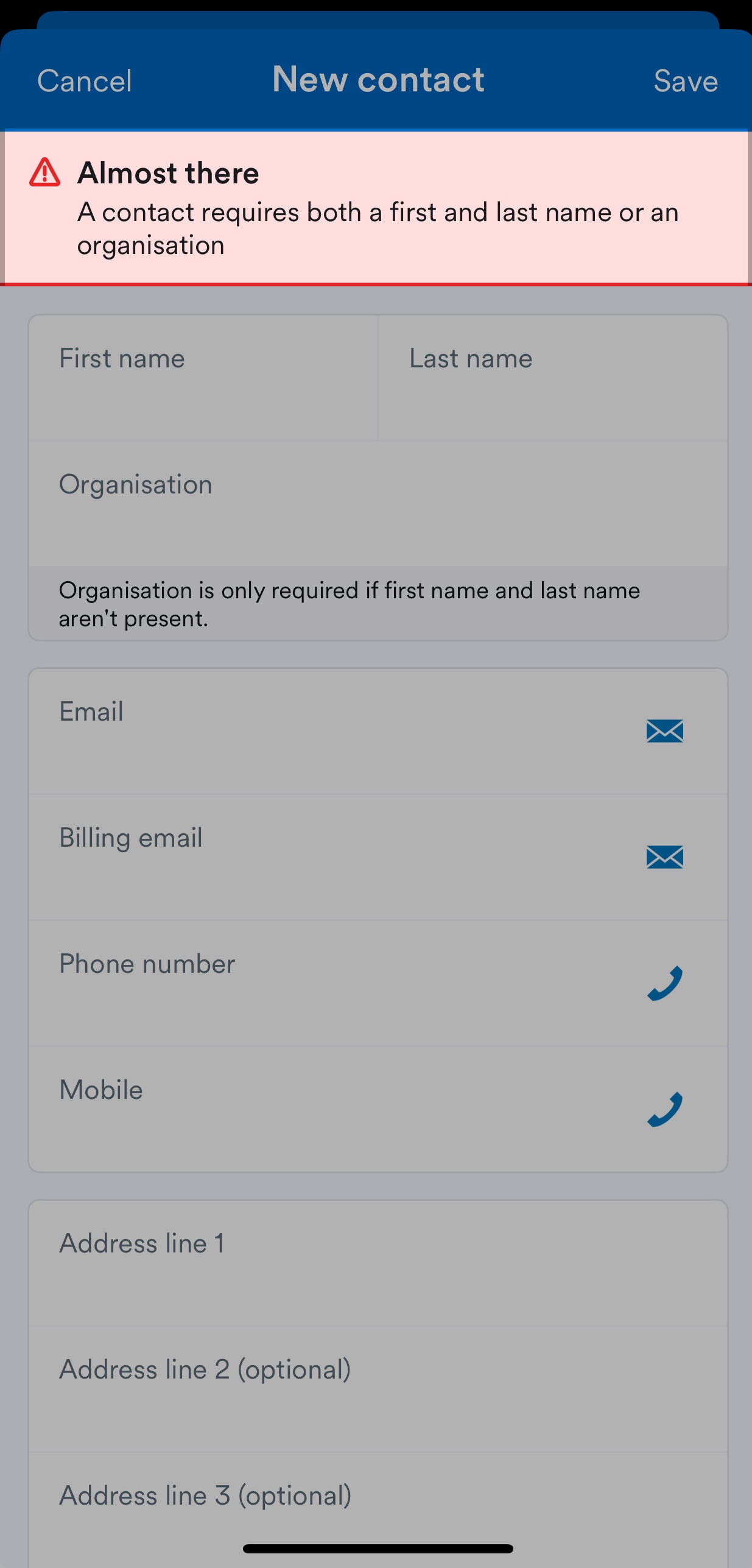 Error message saying there was not enough information for this contact.