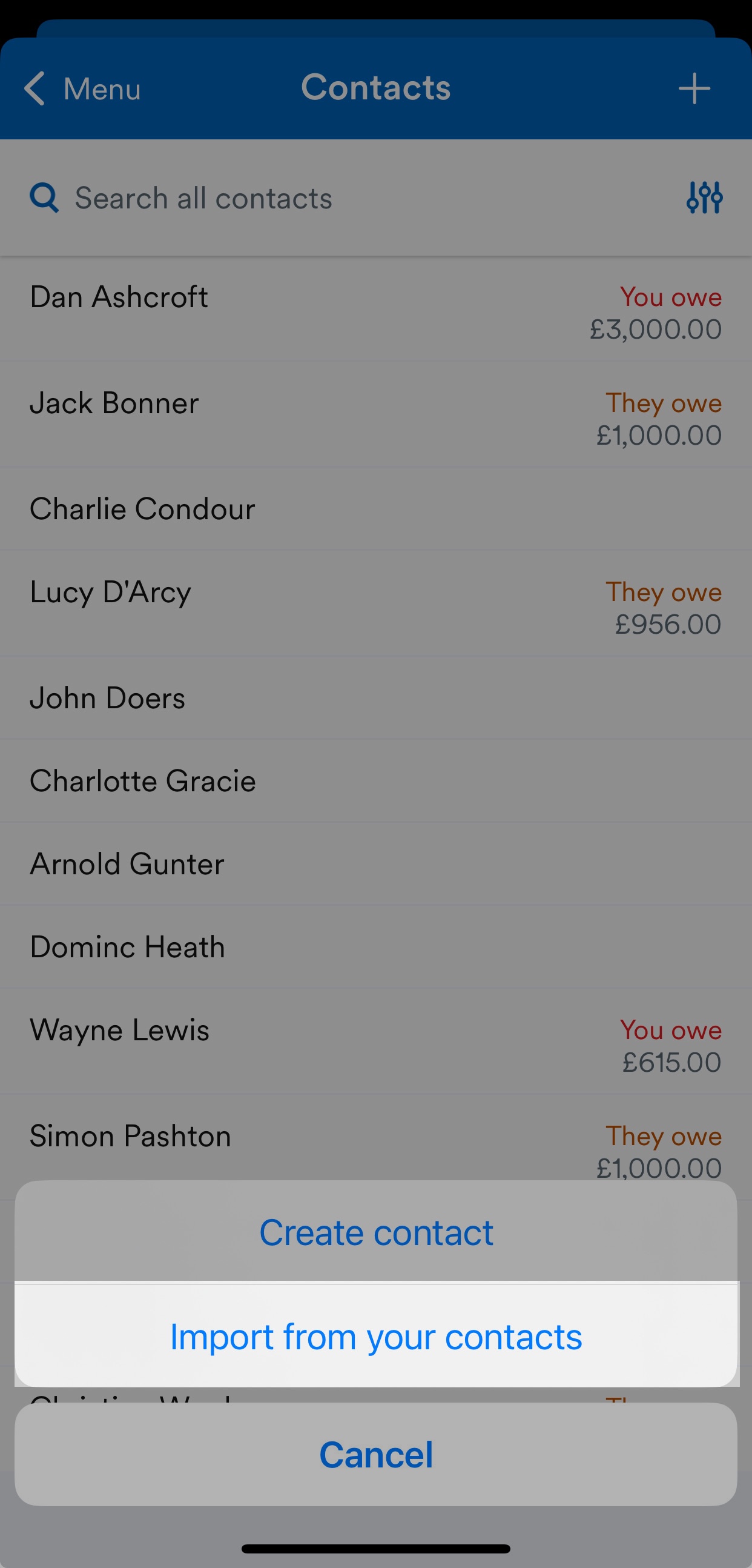 'Import from your contacts' button highlighted on Contacts screen.